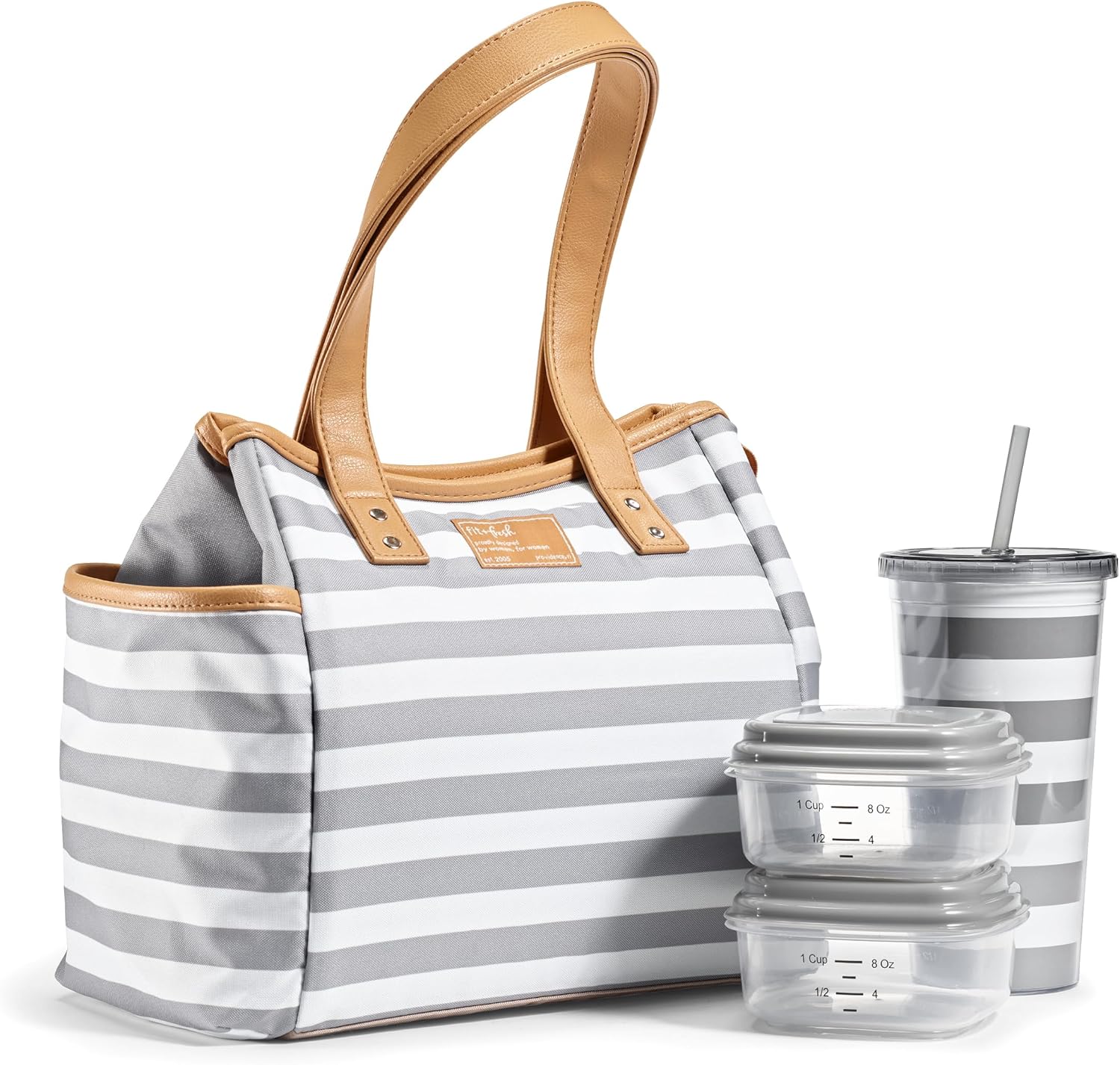 Fit & Fresh Lunch Bag For Women, Insulated Womens Lunch Bag For Work, Leakproof & Stain-Resistant Large Lunch Box For Women With Containers and Matching Tumbler, Zipper, Westerly Lunch Bag, Grey Strip Gray Stripes