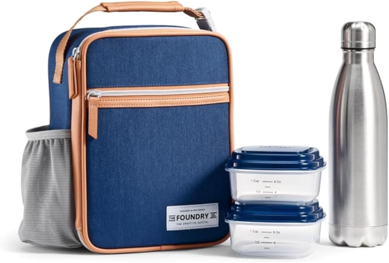 Foundry by Fit + Fresh, Thayer Insulated Lunch Bag with 2 Food Containers & 18oz. Stainless Steel Tumbler, Reusable Lunch Box, Mini Cooler Bag, Perfect for Work, College, Picnics Blue