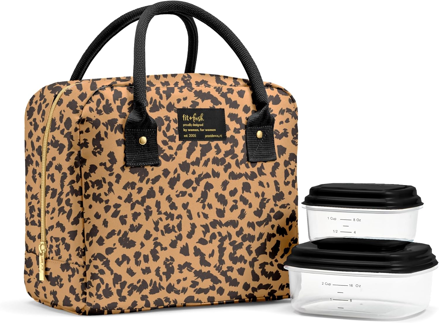 Fit & Fresh Bloomington Lunch Bag for Women - Insulated Large Lunch Box for Work with Containers, Leak-Resistant, Stain-Resistant, Zipper Closure, Cheetah Tan Cheetah