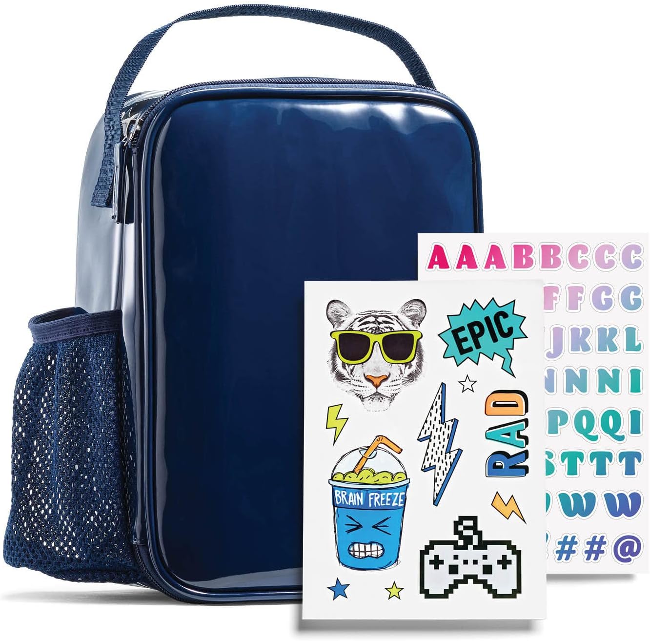 Fit & Fresh DIY Sticker Lunch Bag For Kids, Insulated Lunch Box For Kids Boys & Girls With 2 Sticker Sets, School Lunch Box, Navy