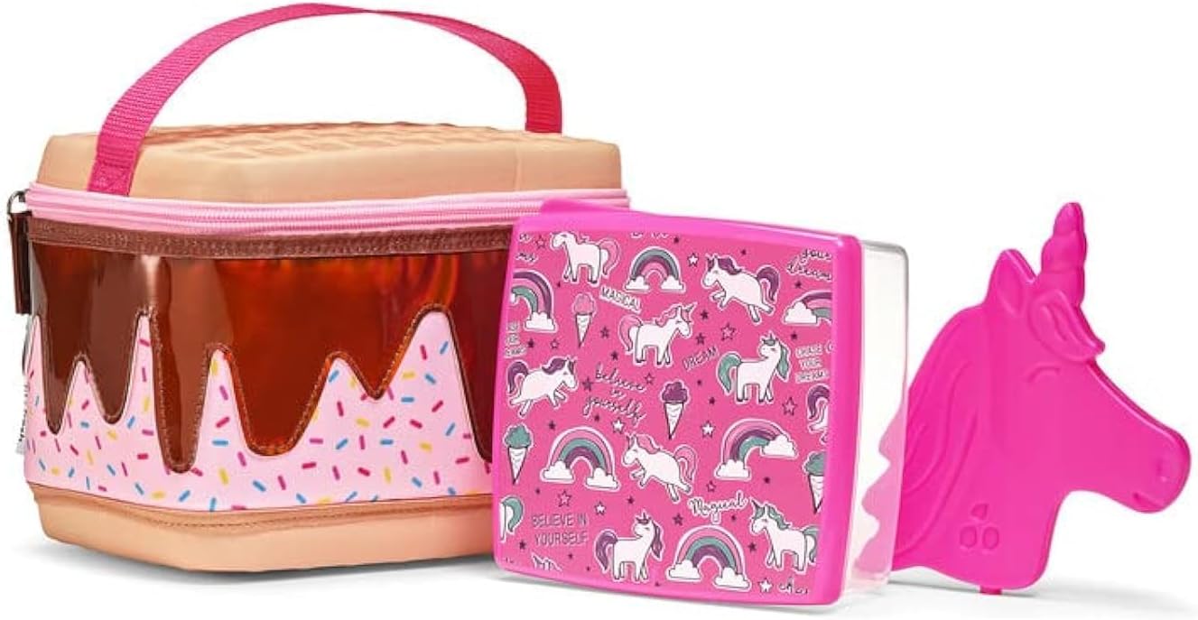 Fit & Fresh Insulated Lunch Box For Kids Boys & Girls, Lunch Bag For Kids With Matching Lunch Container And Ice Pack, School Lunch Box Waffle Unicorn