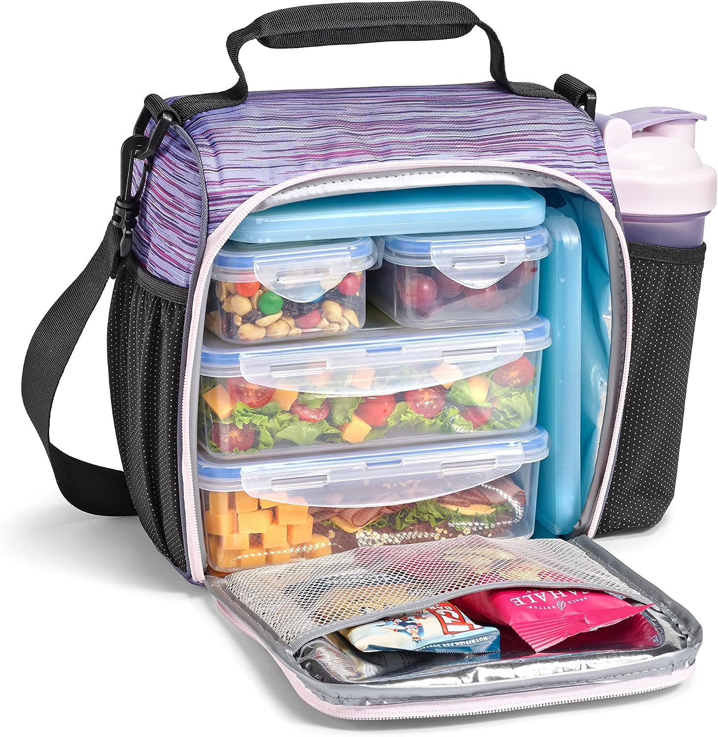 Fit & Fresh JAXX Meal Prep Lunch Box With Containers, Ice Pack, and Shaker Bottle For Men and Women, 9pc. Meal Prep Kit Lunch Bag With Containers Included Purple