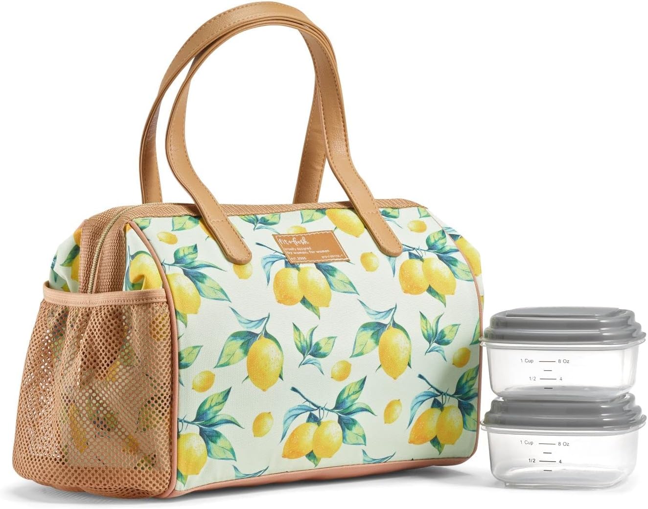 Fit & Fresh Cloverdale Adult Insulated Lunch Bag with Side Pouch & Carry Handles, Complete Lunch Kit Includes 2 Containers, Lemon Spring