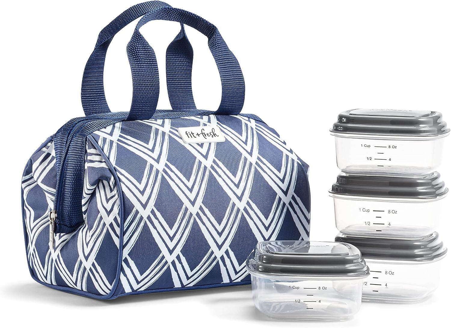 Fit & Fresh Charlotte Adult Insulated Lunch Bag with Carry Handles, Diamonds Navy Sketch Diamonds