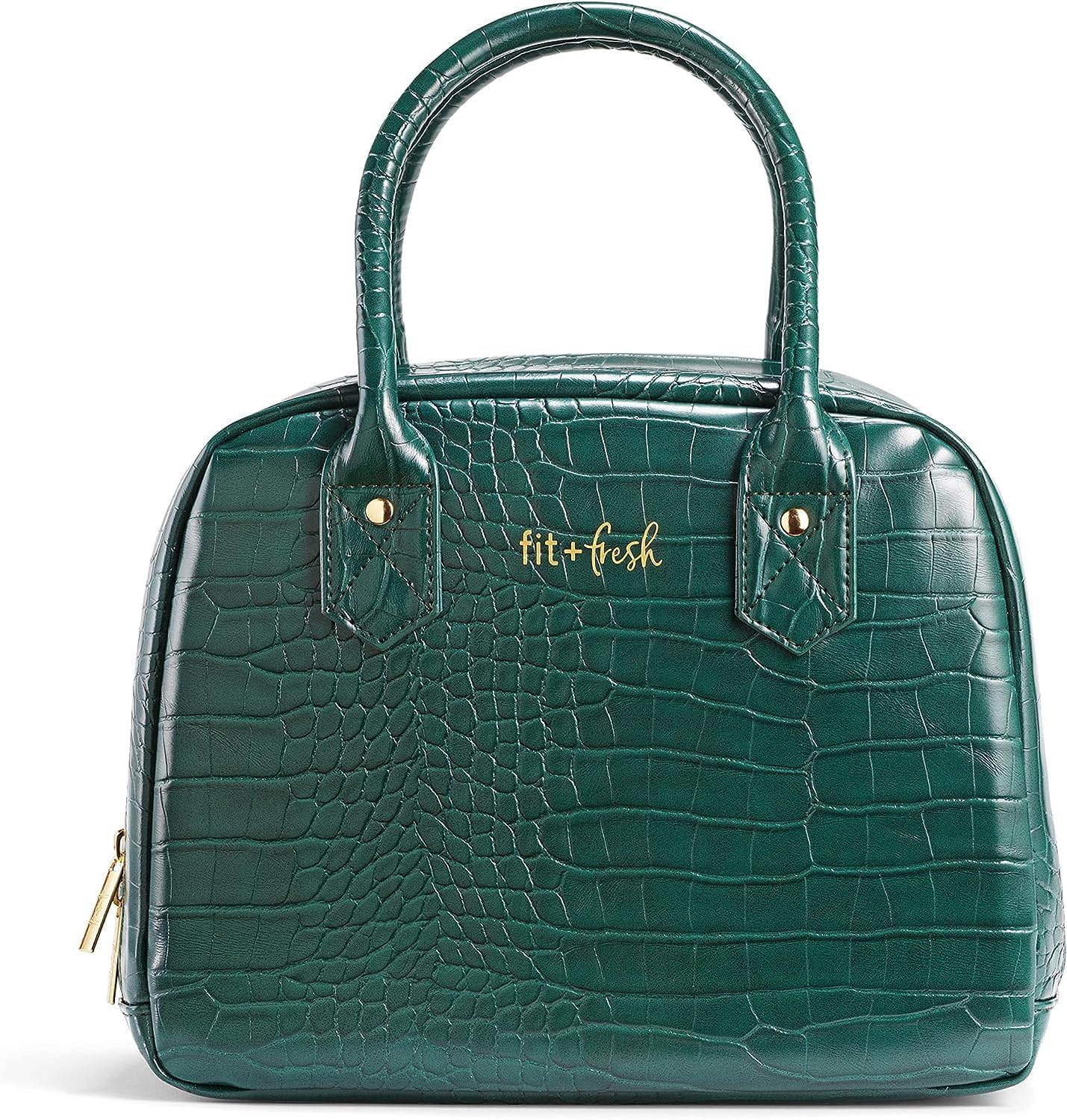 Fit & Fresh Lyon Luxe Lunch Bag For Women, Insulated Womens Lunch Bag For Work, Leakproof & Stain-Resistant Large Lunch Box For Women, Faux Croc Leather, Emerald Green