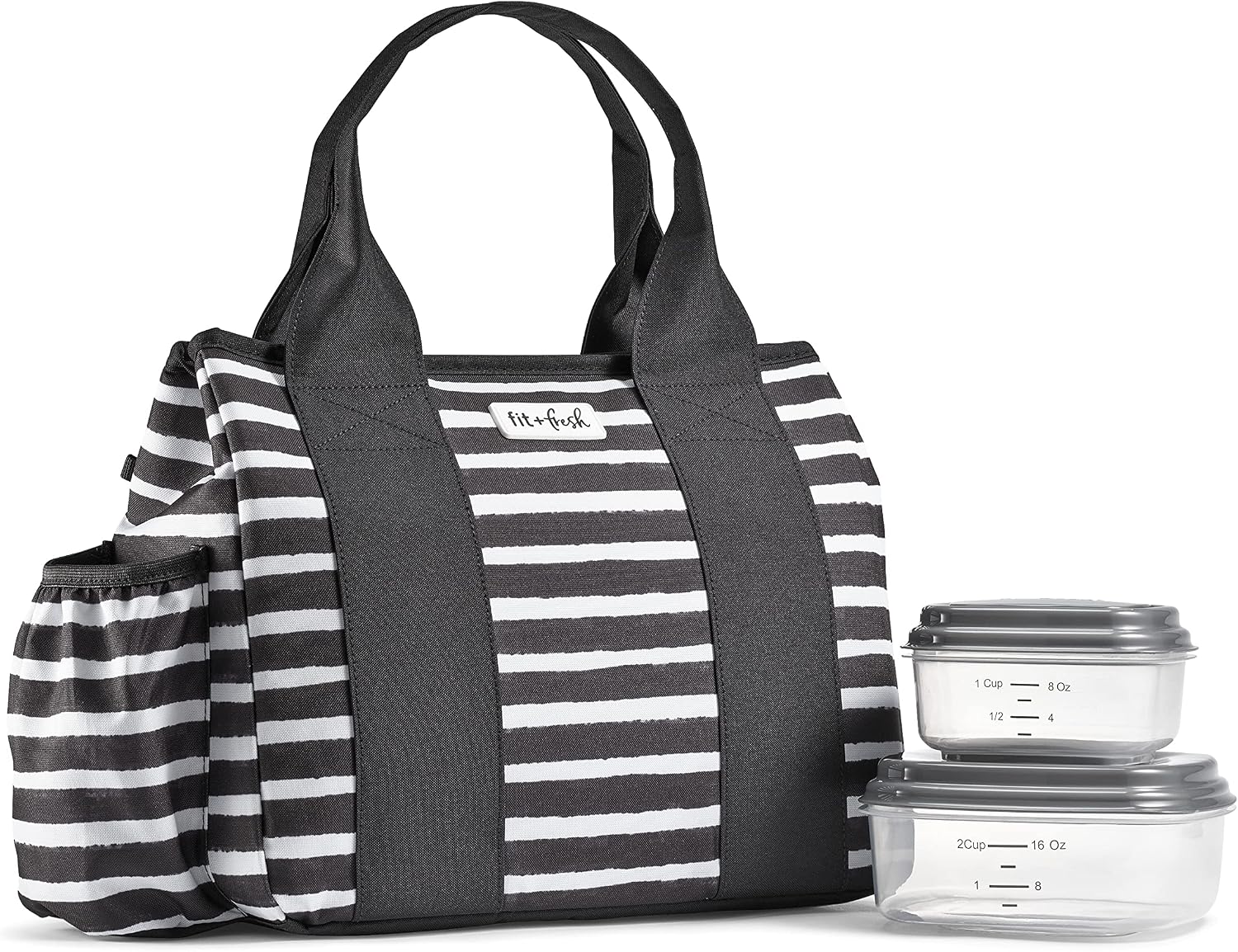 Fit & Fresh Sanibel Adult Insulated Lunch Bag with Side Pouch & Carry Handles, Complete Lunch Kit Includes 2 Reusable Food Containers, B&W Stripes Black Stripes