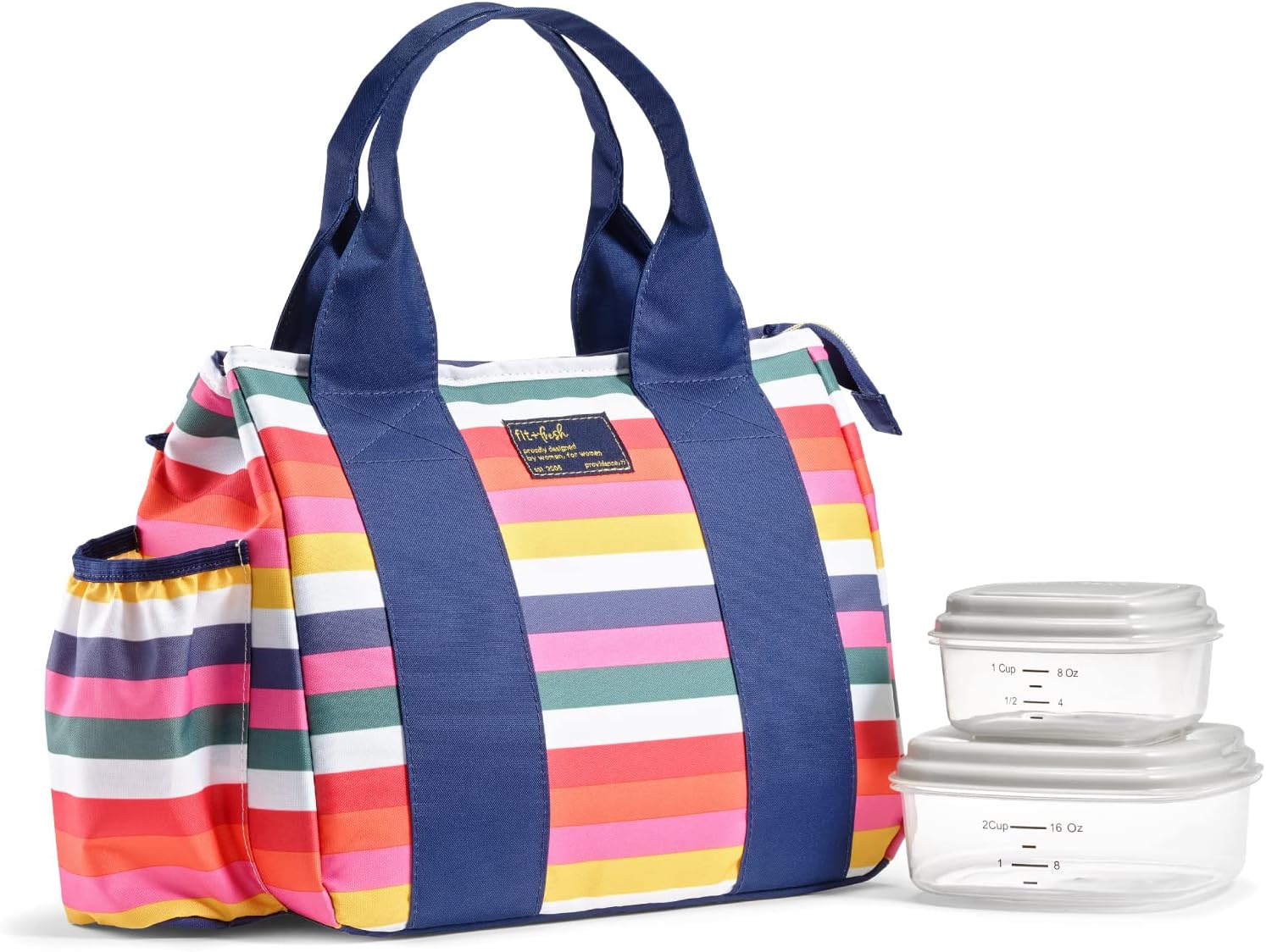 Fit & Fresh Sanibel Adult Insulated Lunch Bag with Side Pouch & Carry Handles, Complete Lunch Kit Includes 2 Containers, Colorful Stripe