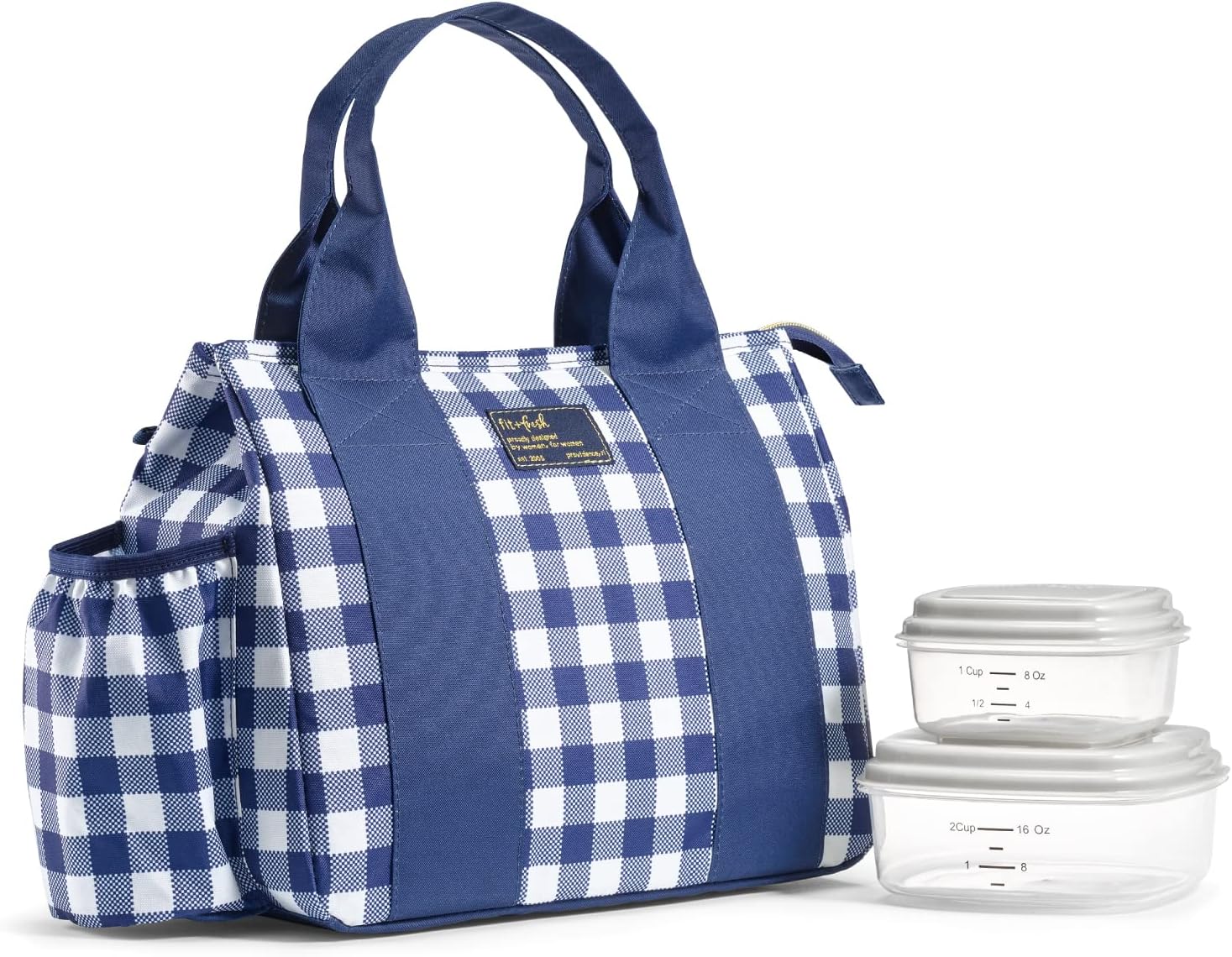 Fit & Fresh Sanibel Adult Insulated Lunch Bag with Side Pouch & Carry Handles, Complete Lunch Kit Includes 2 Containers, Navy Gingham