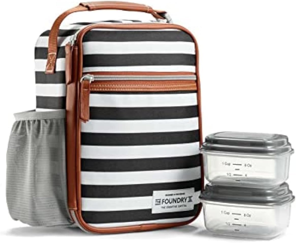 Fit & Fresh Foundry, Thayer Insulated Lunch Bag with 2 Food Containers, Reusable Lunch Box, Mini Cooler Bag, Perfect for Work, College, Picnics Black & White Stripe