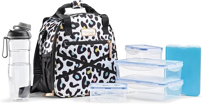 Fit & Fresh Kate Insulated Lunch Bag with Side Pouch & Carry Handles, Complete Lunch Kit Includes Matching Tumbler, 4 Containers & Ice Pack, Colorful Leopard