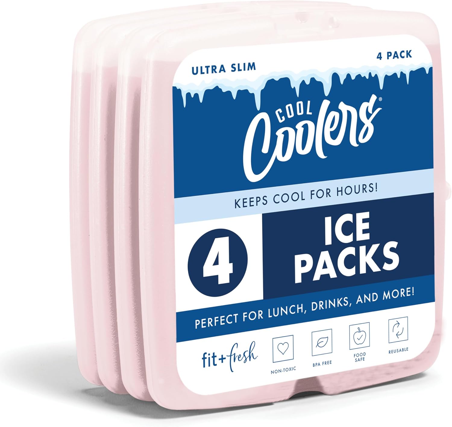 Cool Coolers by Fit & Fresh Reusable Slim Ice Packs For Lunch Bags, 4pk Light Pink (4 Pack)