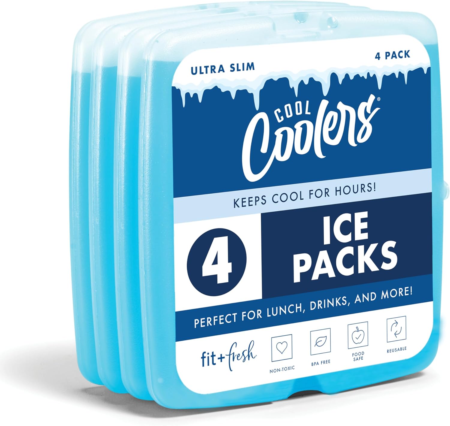 Cool Coolers by Fit & Fresh Reusable Slim Ice Packs For Lunch Bags, 4pk Blue (4 Pack)