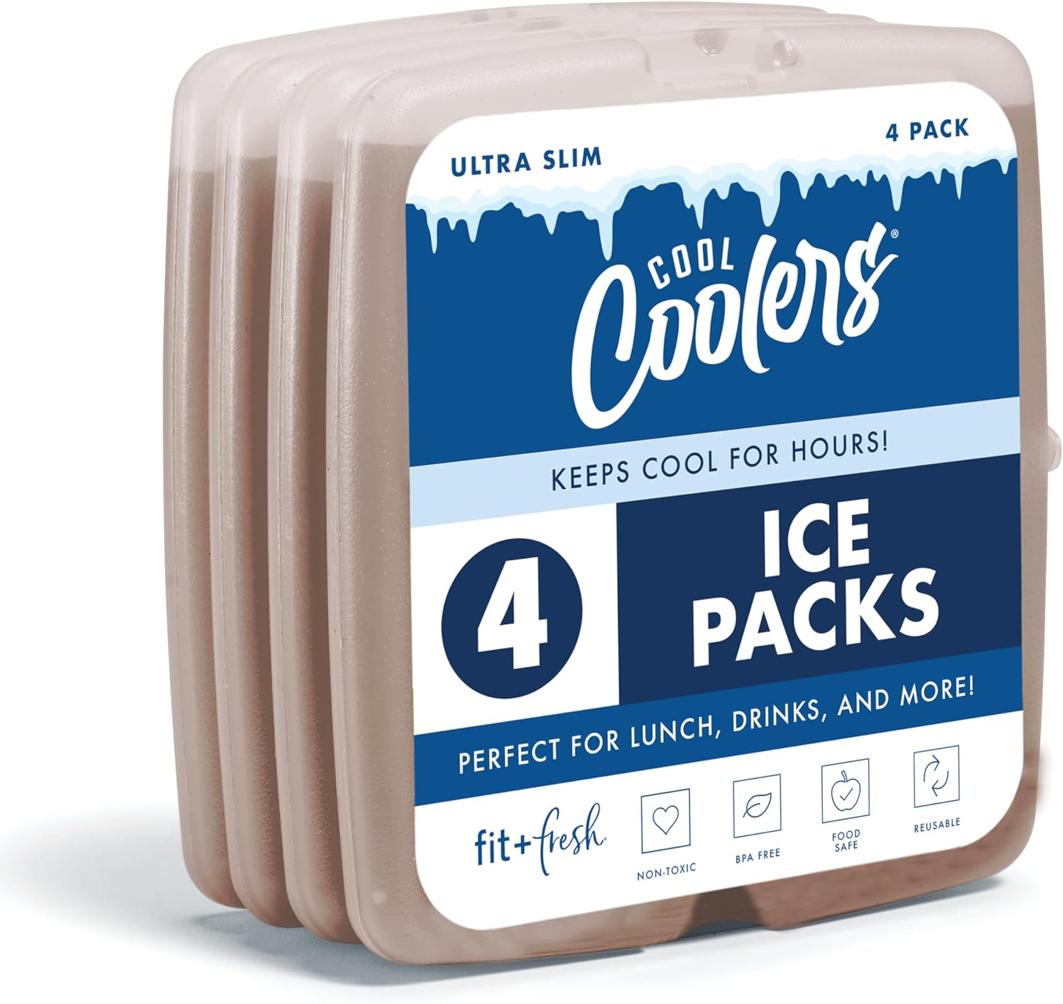 Cool Coolers by Fit & Fresh Reusable Slim Ice Packs For Lunch Bags, 4pk Taupe (4 Pack)