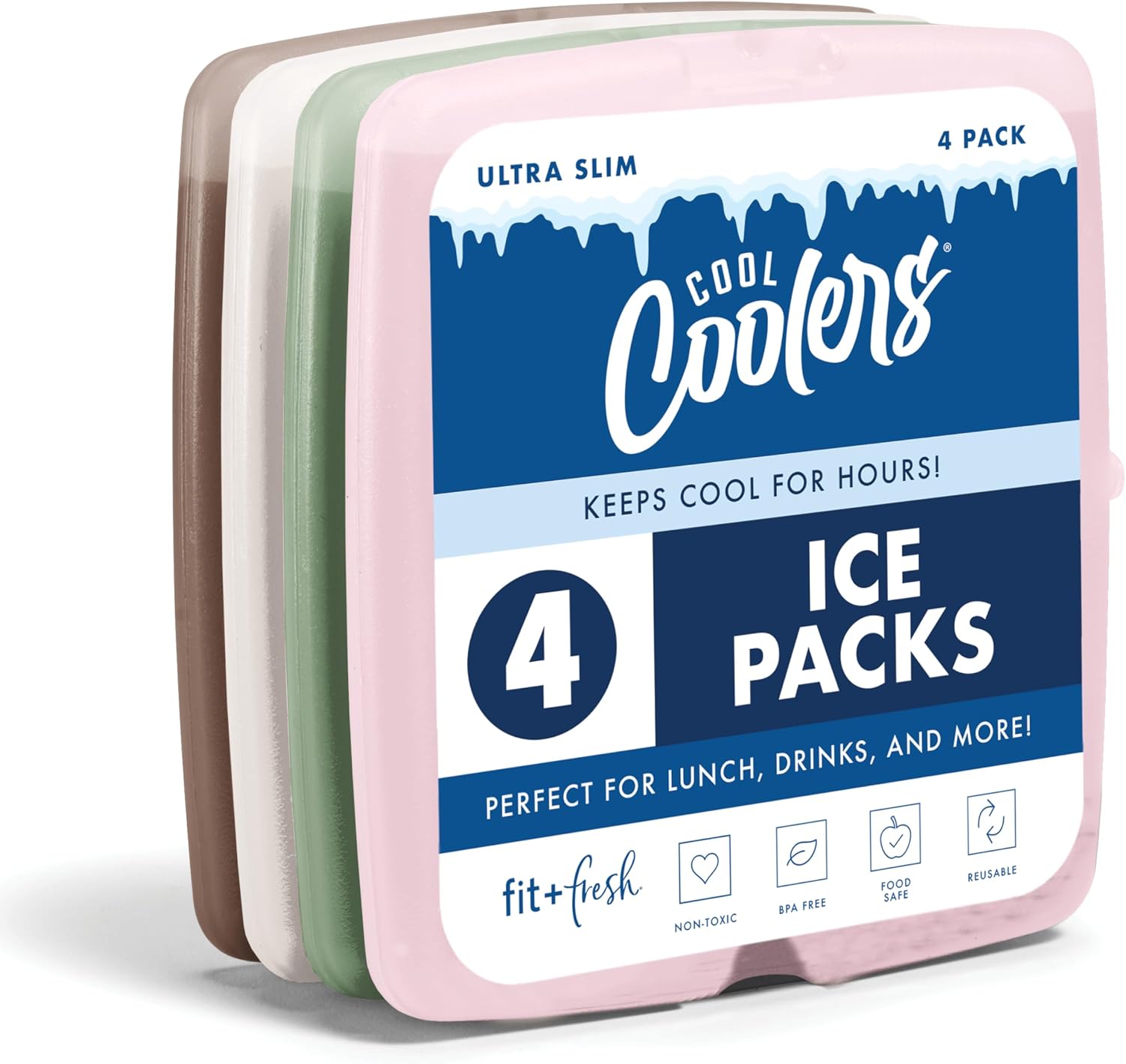 Cool Coolers by Fit & Fresh Reusable Slim Ice Packs For Lunch Bags, 4pk Multi Pastel (4 Pack)