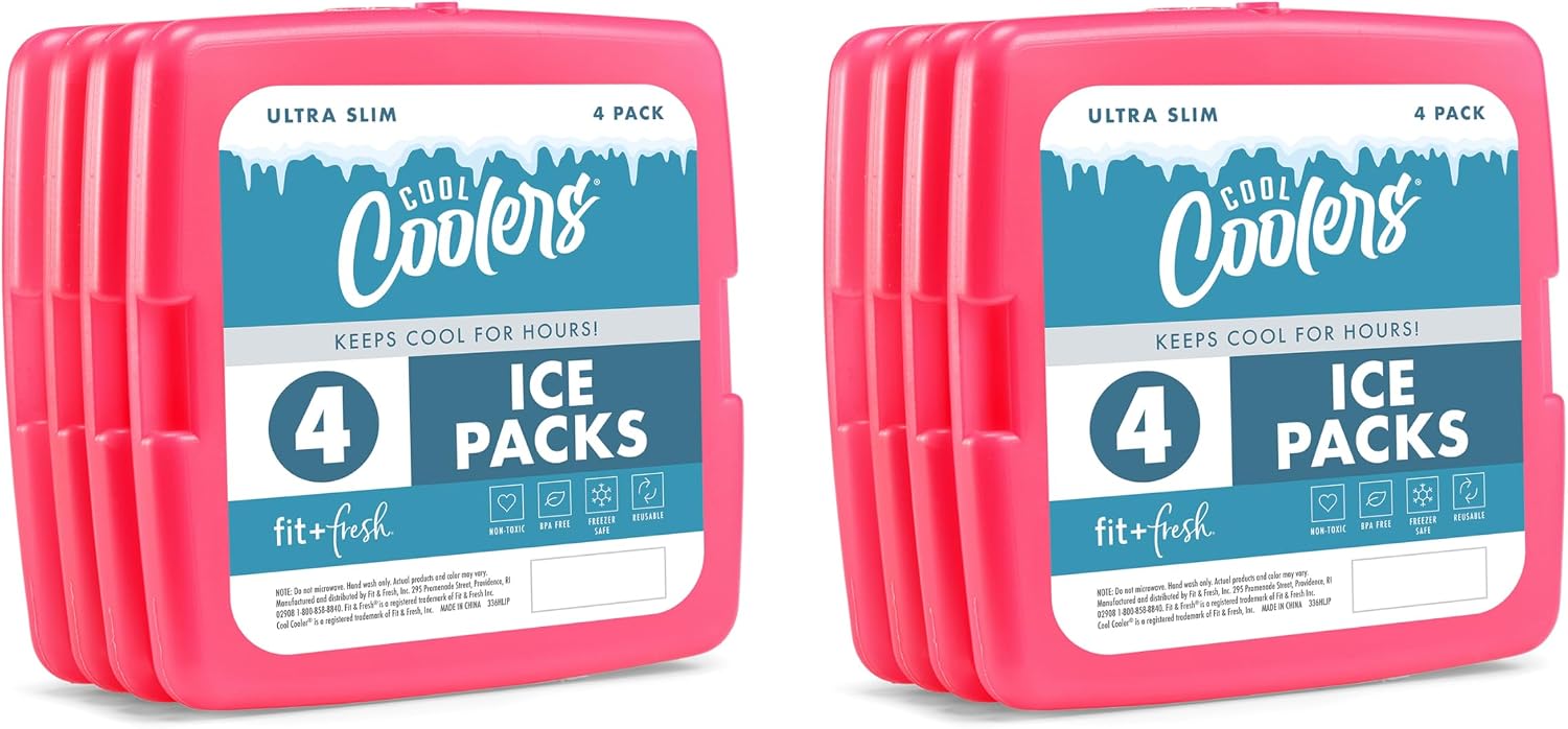 Cool Coolers by Fit & Fresh Reusable Slim Ice Packs For Lunch Bags, 8pk Pink (8 Pack)