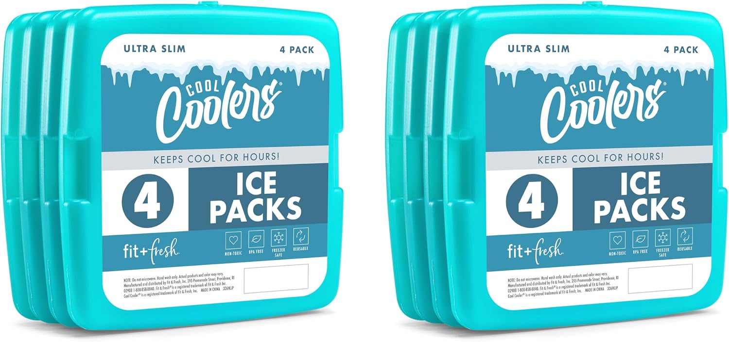 Cool Coolers by Fit & Fresh Reusable Slim Ice Packs For Lunch Bags, 8pk Green (8 Pack)