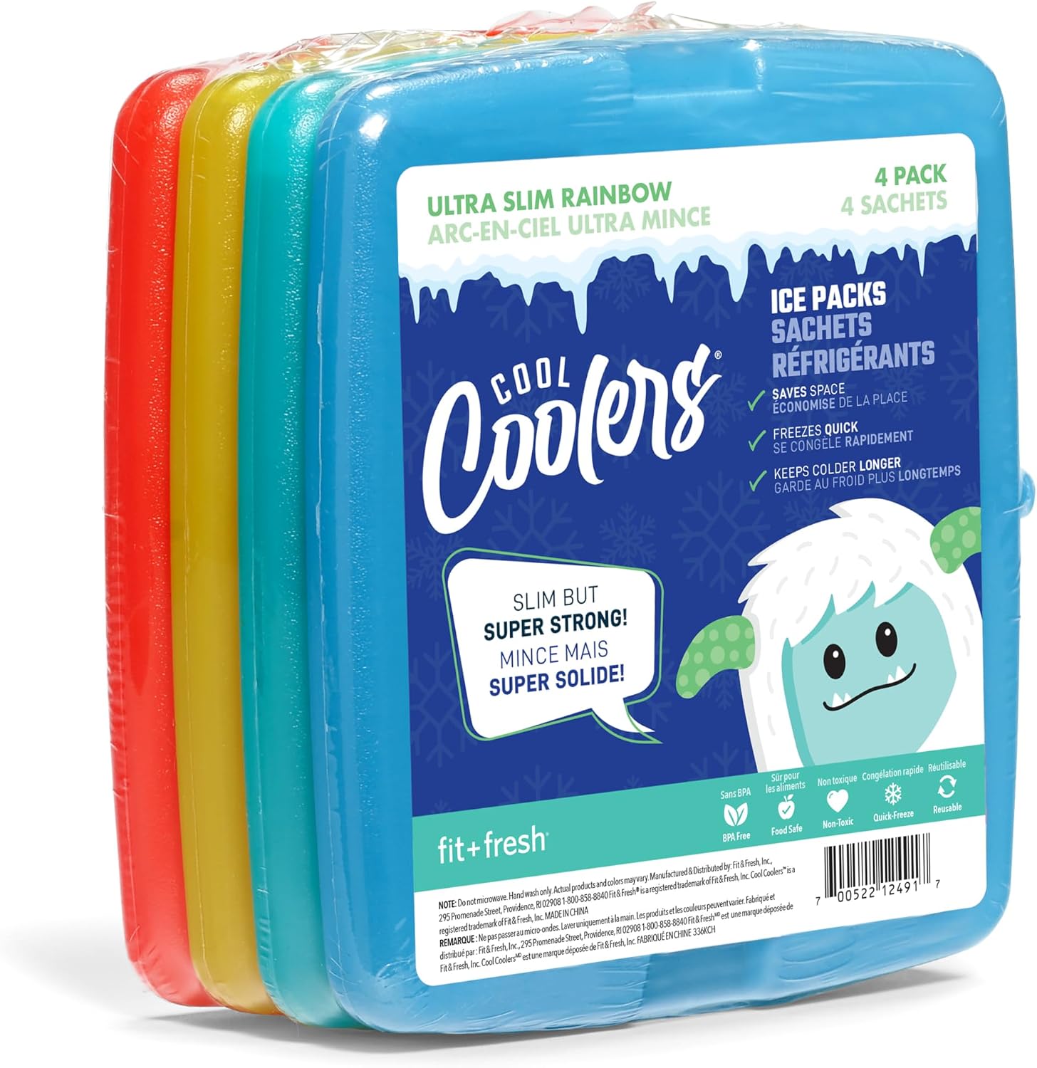 Cool Coolers by Fit & Fresh Reusable Slim Ice Packs For Lunch Bags, 4pk Multi Color (4 Pack)