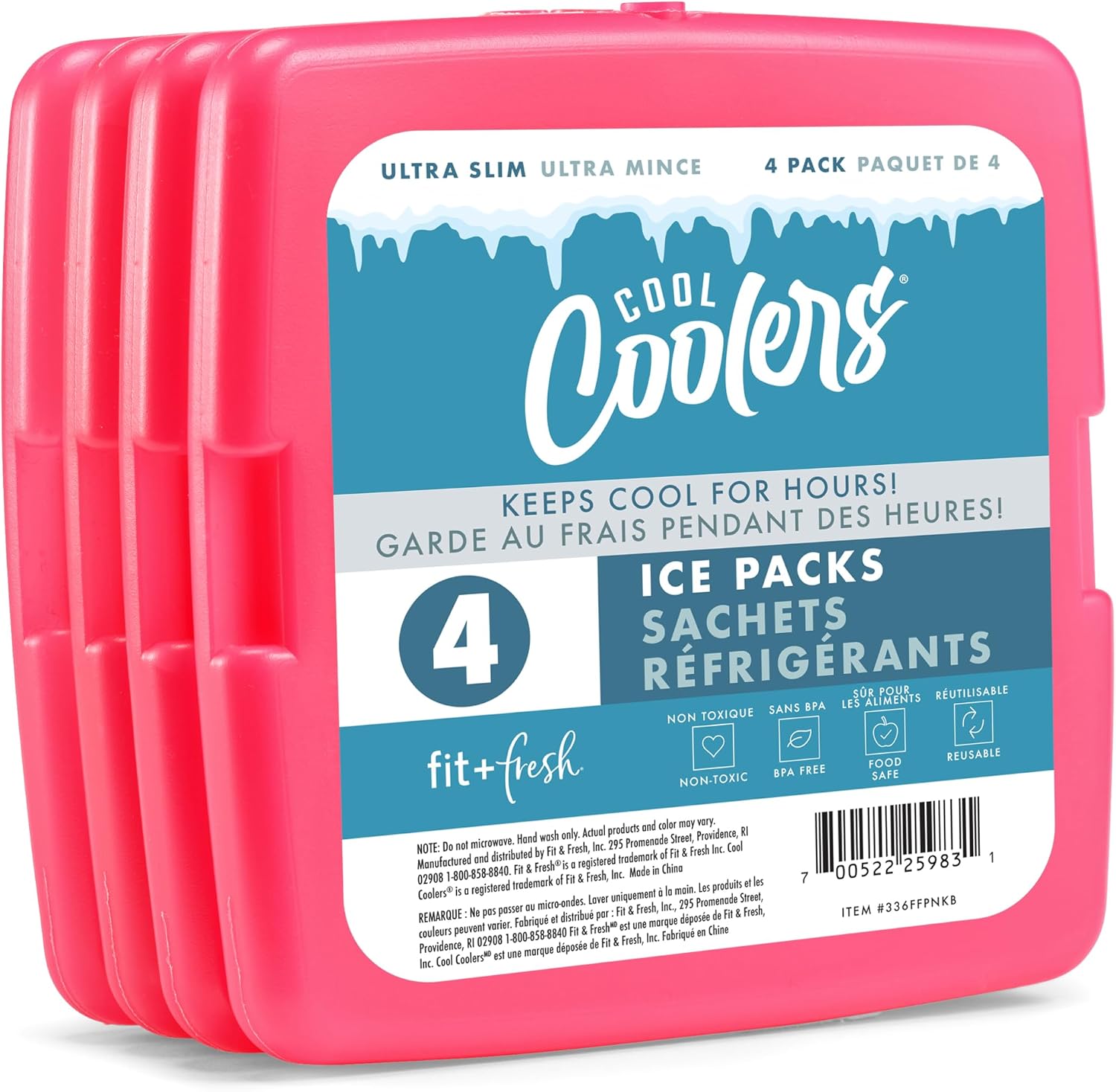 Cool Coolers by Fit & Fresh Reusable Slim Ice Packs For Lunch Bags, 4pk Pink
