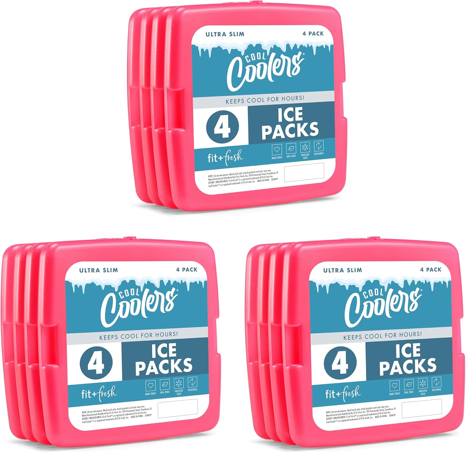 Cool Coolers by Fit & Fresh Reusable Slim Ice Packs For Lunch Bags, 12pk Pink 12 PK