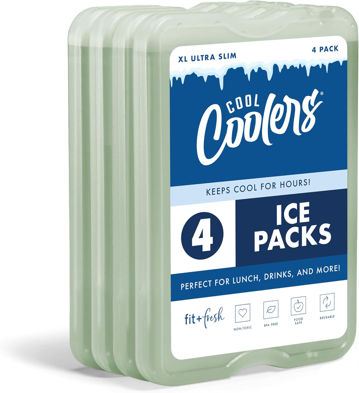 Cool Coolers by Fit & Fresh XL Reusable Slim Ice Packs For Coolers, 4pk Sage (4 Pack)