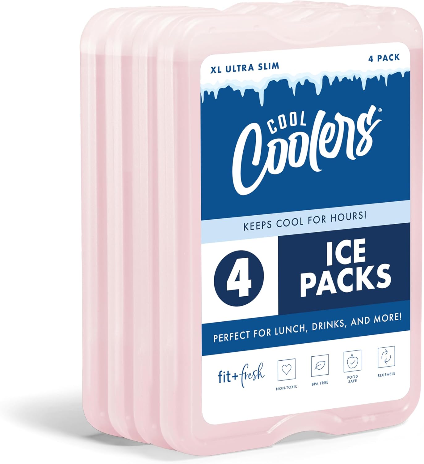 Cool Coolers by Fit & Fresh XL Reusable Slim Ice Packs For Coolers, 4pk Light Pink (4 Pack)