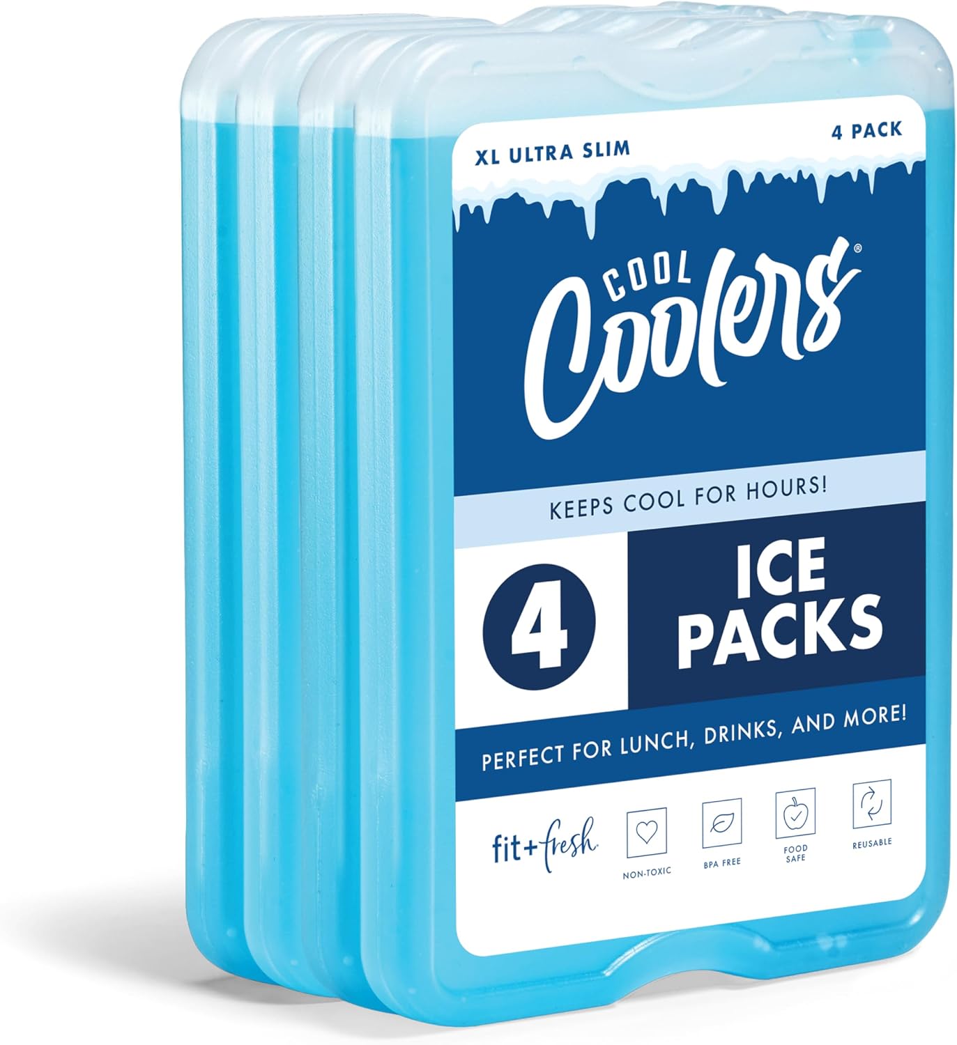 Cool Coolers by Fit & Fresh 4 Pack XL Slim Ice Packs, Quick Freeze Space Saving Reusable Ice Packs for Lunch Boxes or Coolers, Blue, 239ICE, 4 count (Pack of 1) Blue (4 Pack)