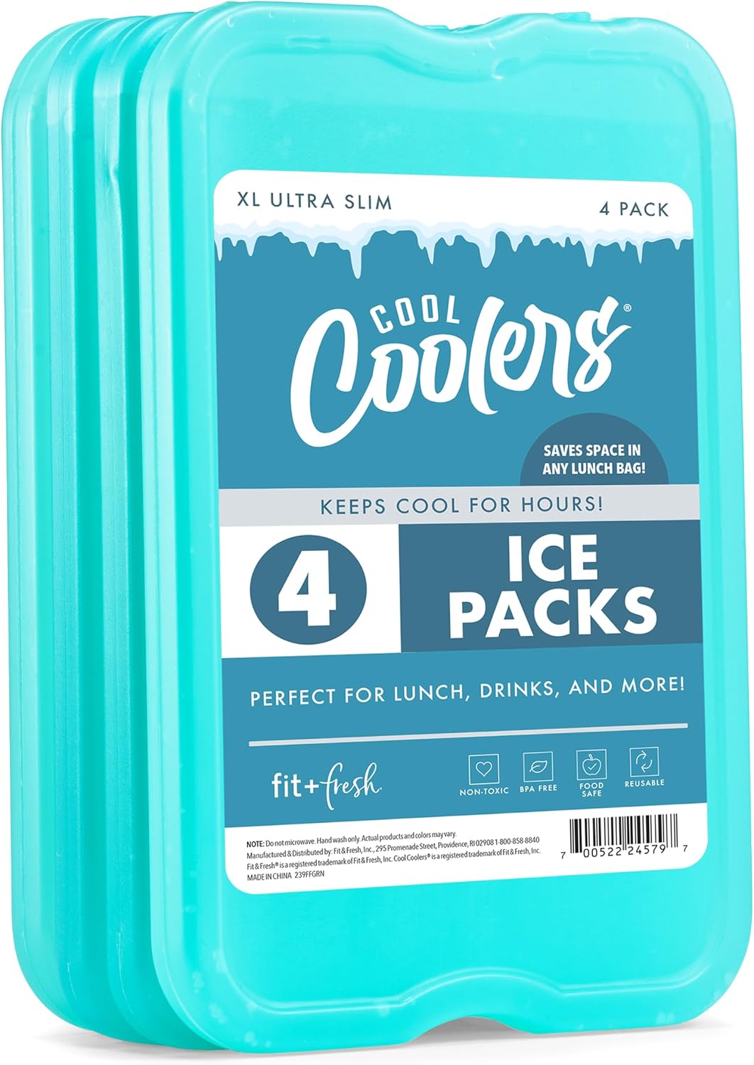 Cool Coolers by Fit & Fresh XL Reusable Slim Ice Packs For Coolers, 4pk Green (4 Pack)
