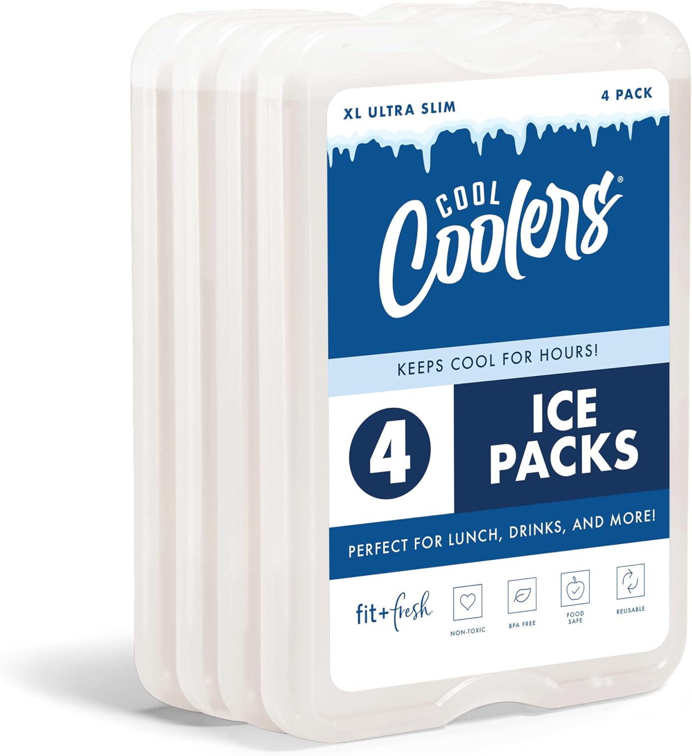 Cool Coolers by Fit & Fresh XL Reusable Slim Ice Packs For Coolers, 4pk Ivory (4 Pack)