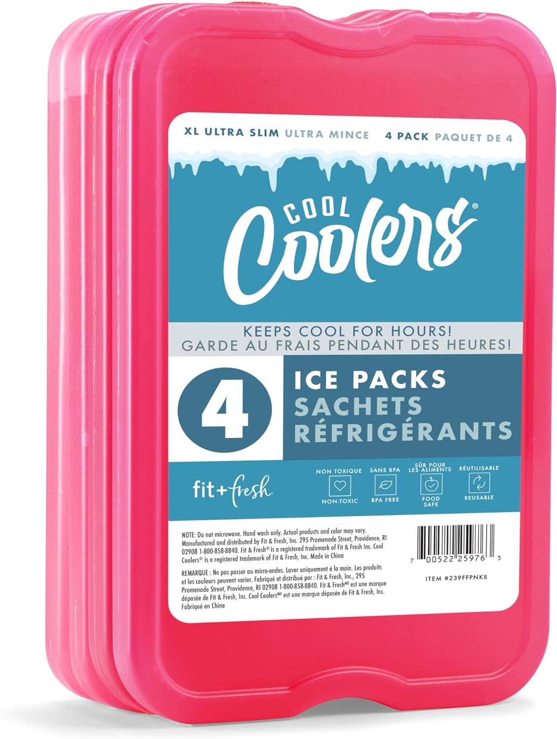 Cool Coolers by Fit & Fresh XL Reusable Slim Ice Packs For Coolers, 4pk Pink (4 Pack)
