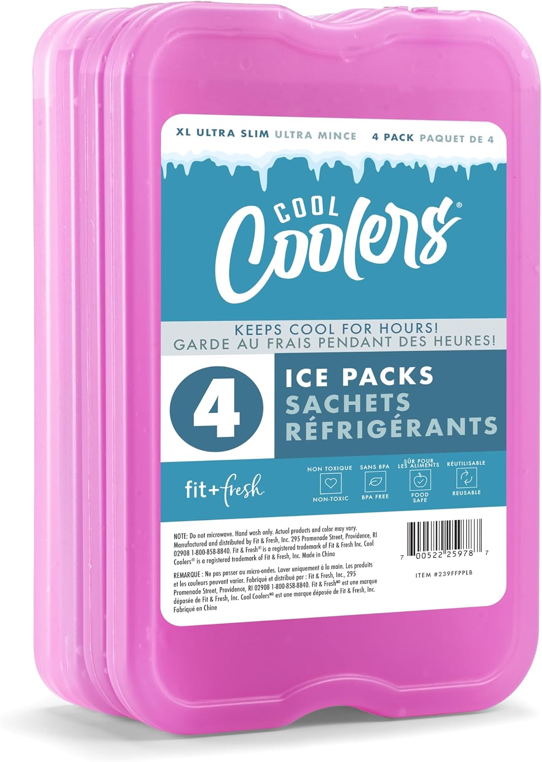 Cool Coolers by Fit & Fresh XL Reusable Slim Ice Packs For Coolers, 4pk Purple (4 Pack)