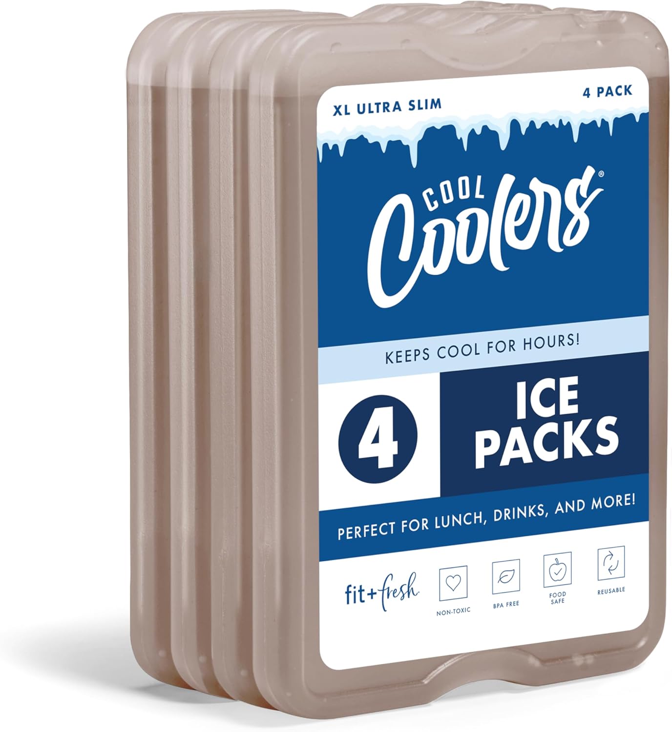 Cool Coolers by Fit & Fresh XL Reusable Slim Ice Packs For Coolers, 4pk Taupe (4 Pack)