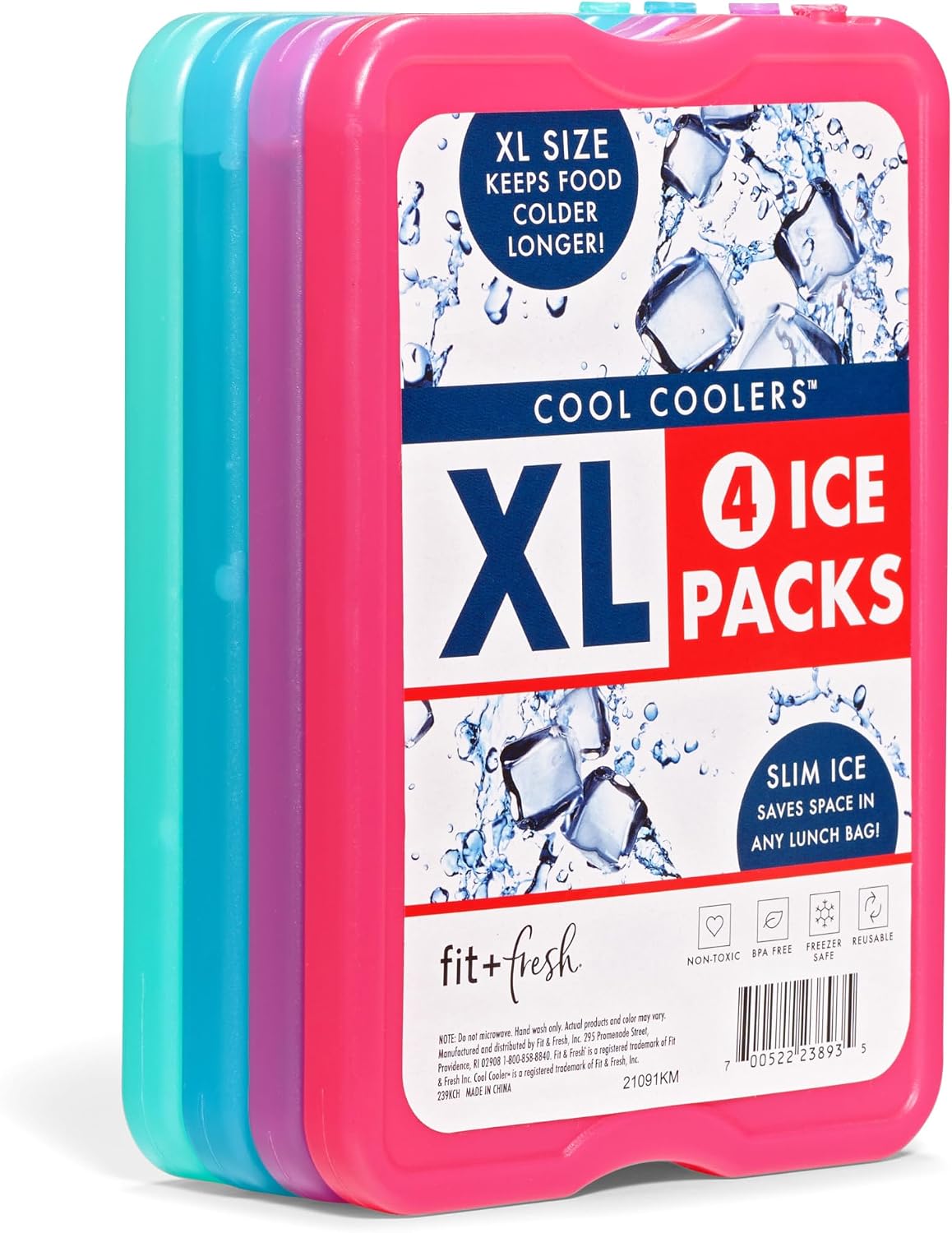 Cool Coolers by Fit & Fresh XL Reusable Slim Ice Packs For Coolers, 4pk Multi (4 Pack)