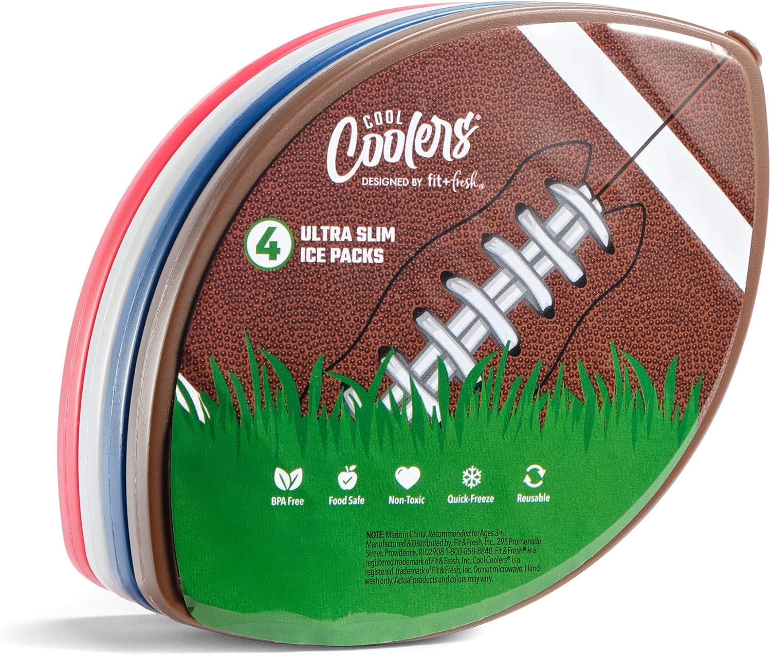 Fit & Fresh Cool Coolers Reusable Kids Lunch Box Ice Packs, 4pk Multicolor Footballs