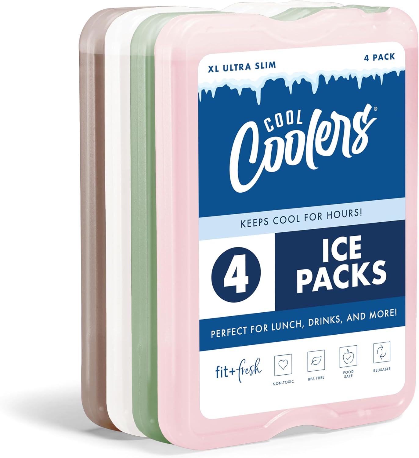 Cool Coolers by Fit & Fresh XL Reusable Slim Ice Packs For Coolers, 4pk Multi Neutral (4 Pack)