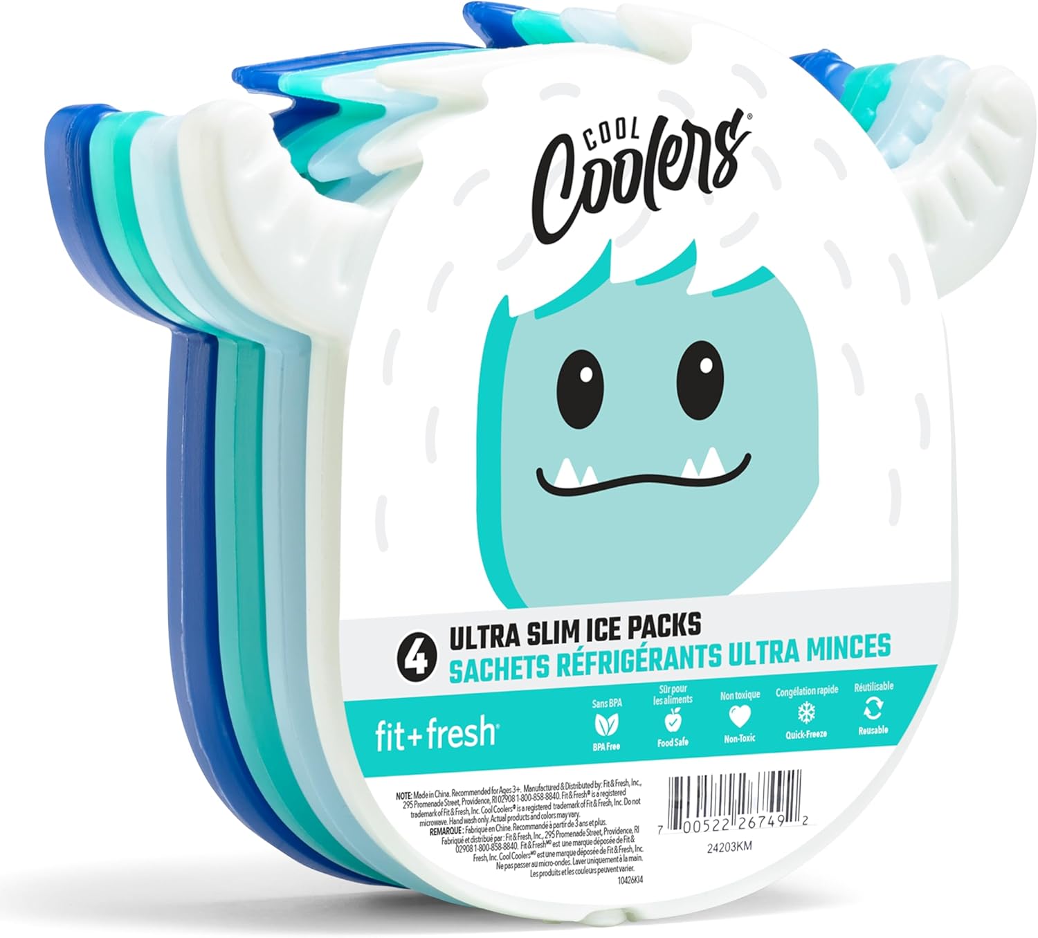 Fit & Fresh Cool Coolers Reusable Kids Lunch Box Ice Packs, 4pk Yeti (4 Pack)