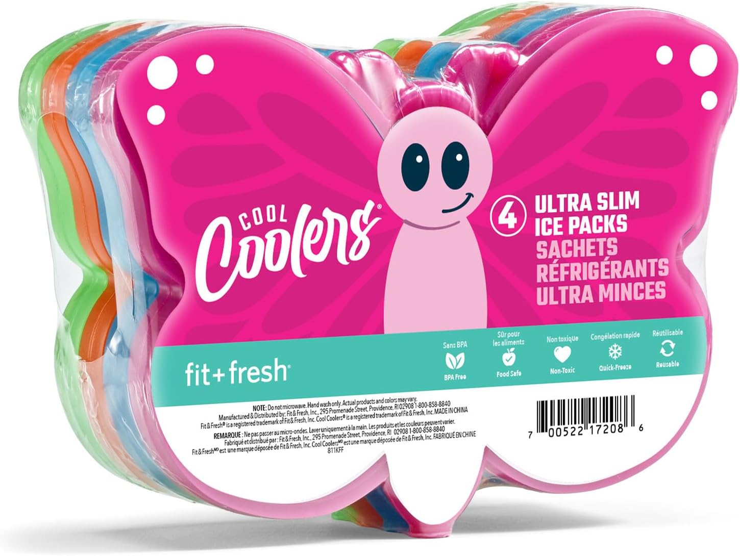 Cool Coolers by Fit & Fresh Reusable Kids Lunch Box Ice Packs, 4pk Butterfly (4 Pack)
