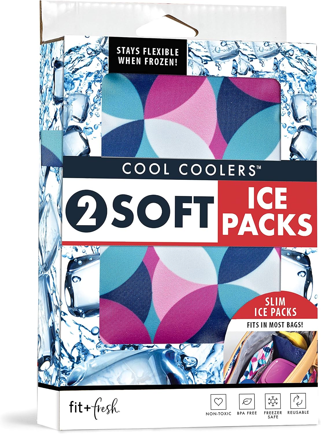 Cool Coolers by Fit & Fresh Soft Ice Packs for Lunch Bags & Coolers, 2pk Geo & Navy (2 Pack)