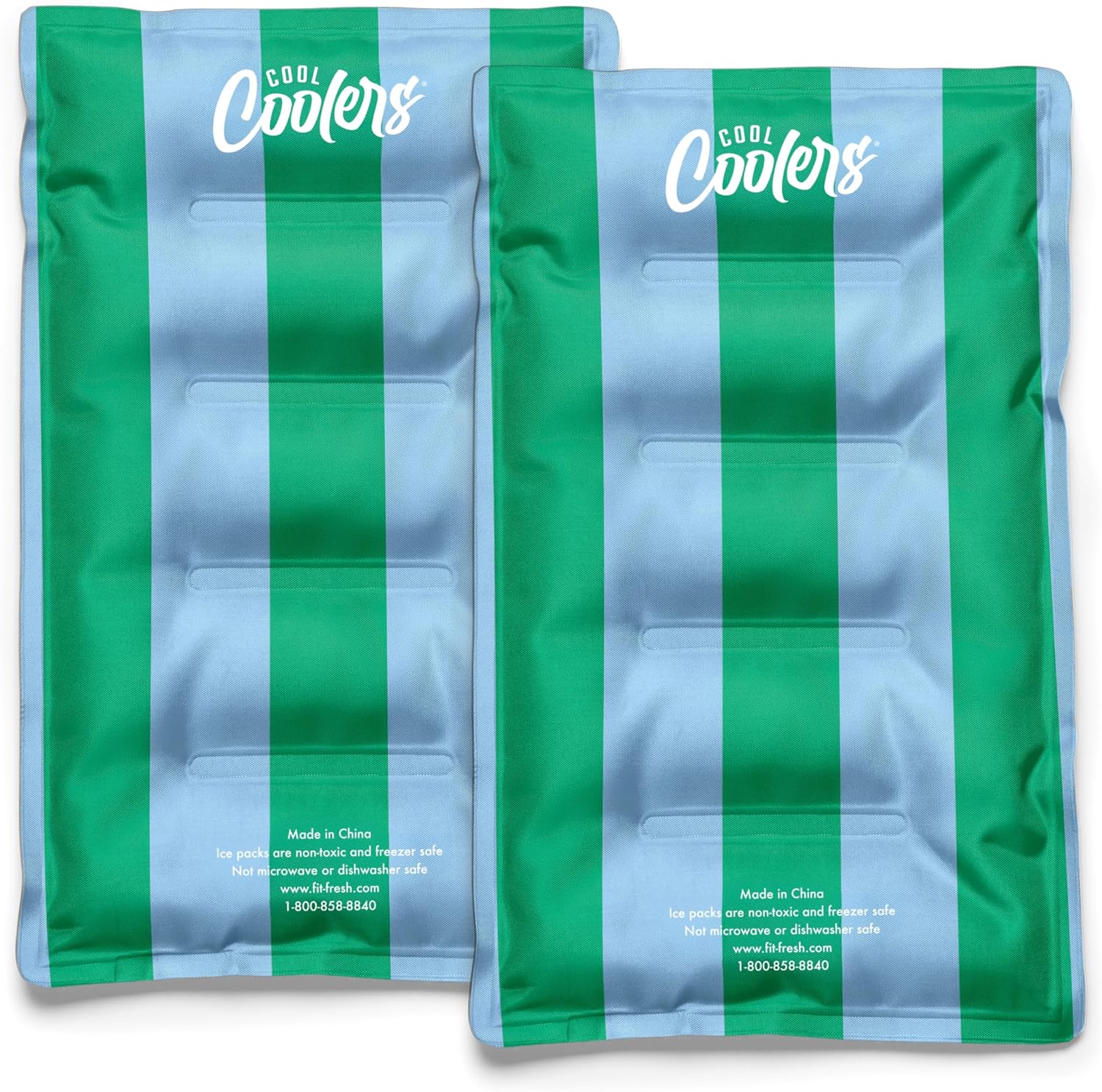 Cool Coolers by Fit & Fresh XL Soft Ice Packs for Coolers & Lunch Bags, 2pk Green Blue Stripe