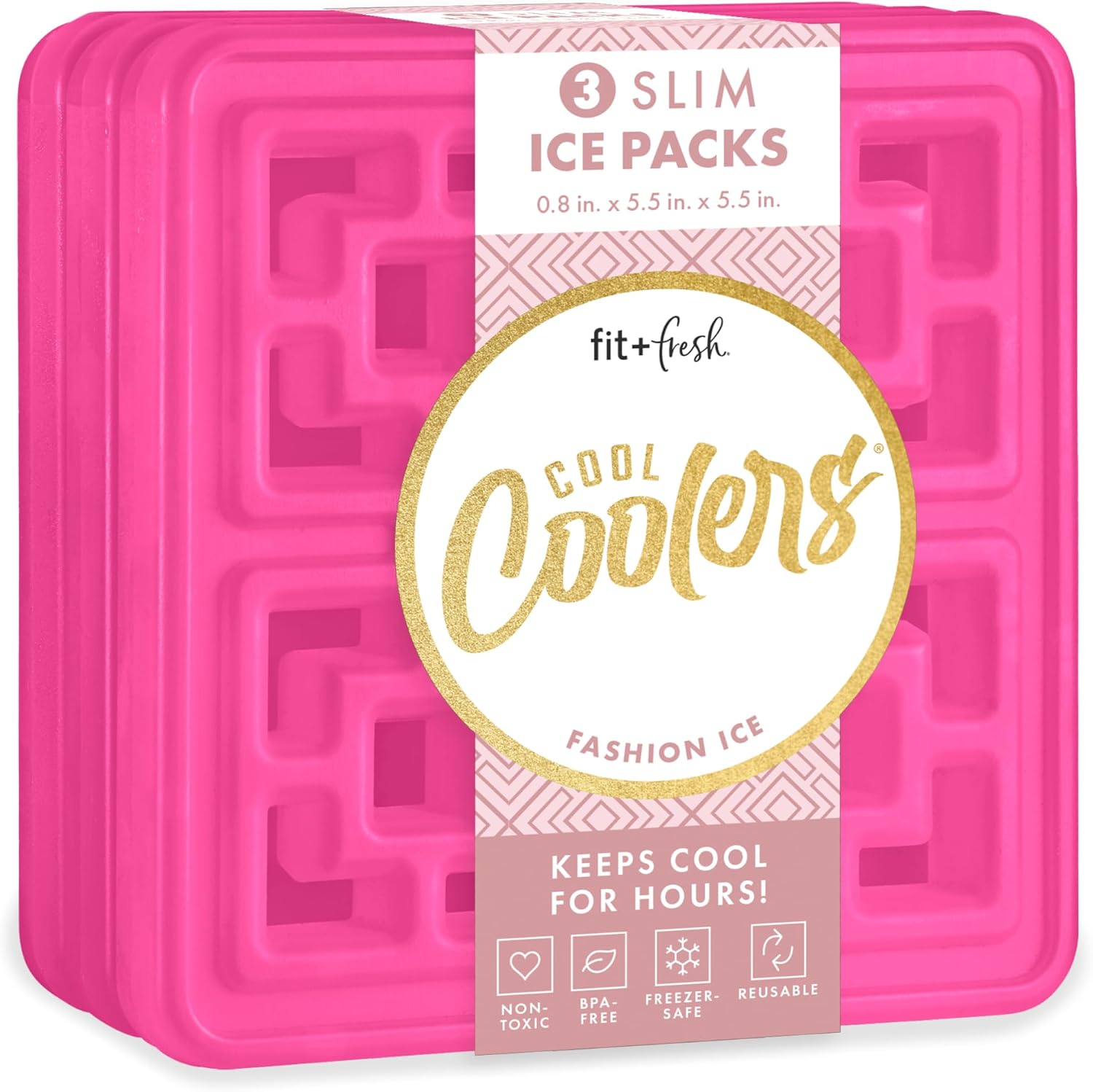 Cool Coolers by Fit & Fresh Fashion Ice Packs for Lunch Bags & Coolers, 3pk Hot Pink, Large 3PK