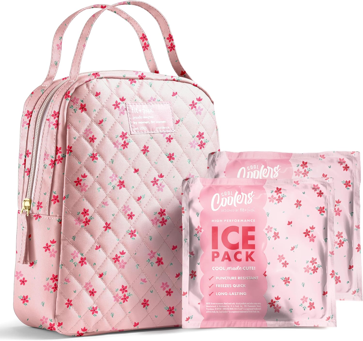 Fit & Fresh Insulated Bottle & Beyond Bag - Baby Bottle Cooler w/Ice Packs Pink Dainty Floral