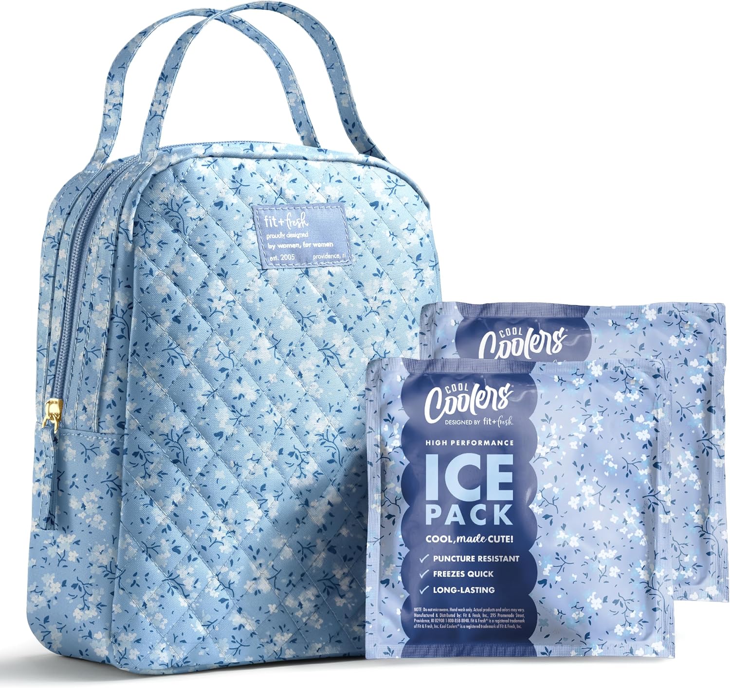 Fit & Fresh Insulated Bottle & Beyond Bag - Baby Bottle Cooler w/Ice Packs Blue Cornflower Flowers
