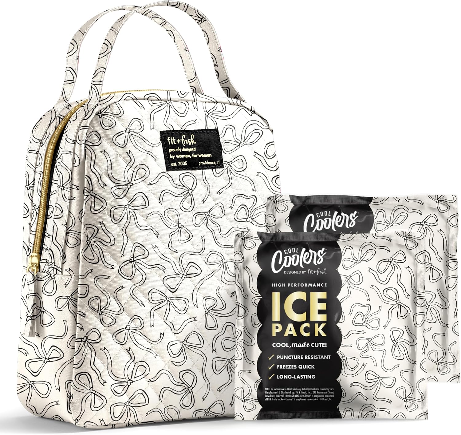 Fit & Fresh Insulated Bottle & Beyond Bag - Baby Bottle Cooler w/Ice Packs White Black Sketched Bows