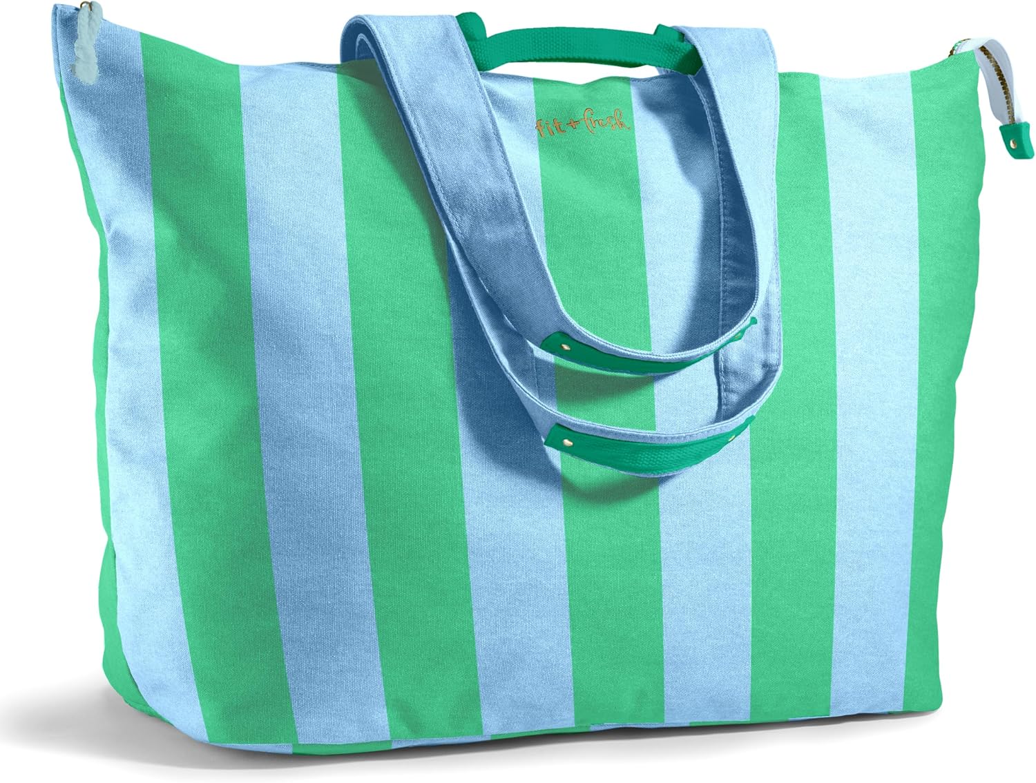 Fit & Fresh All The Things XL Tote Bag for Women, Beach Bag & Weekender Blue & Green Stripe