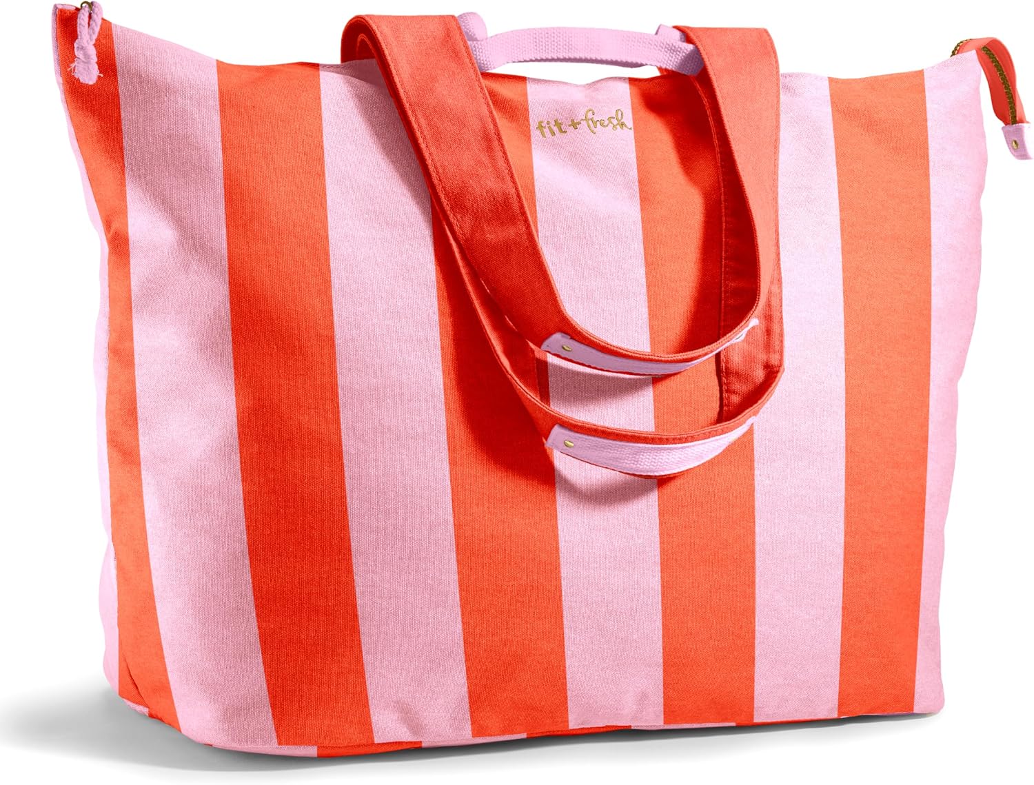 Fit & Fresh All The Things XL Tote Bag for Women, Beach Bag & Weekender Pink & Orange Stripe