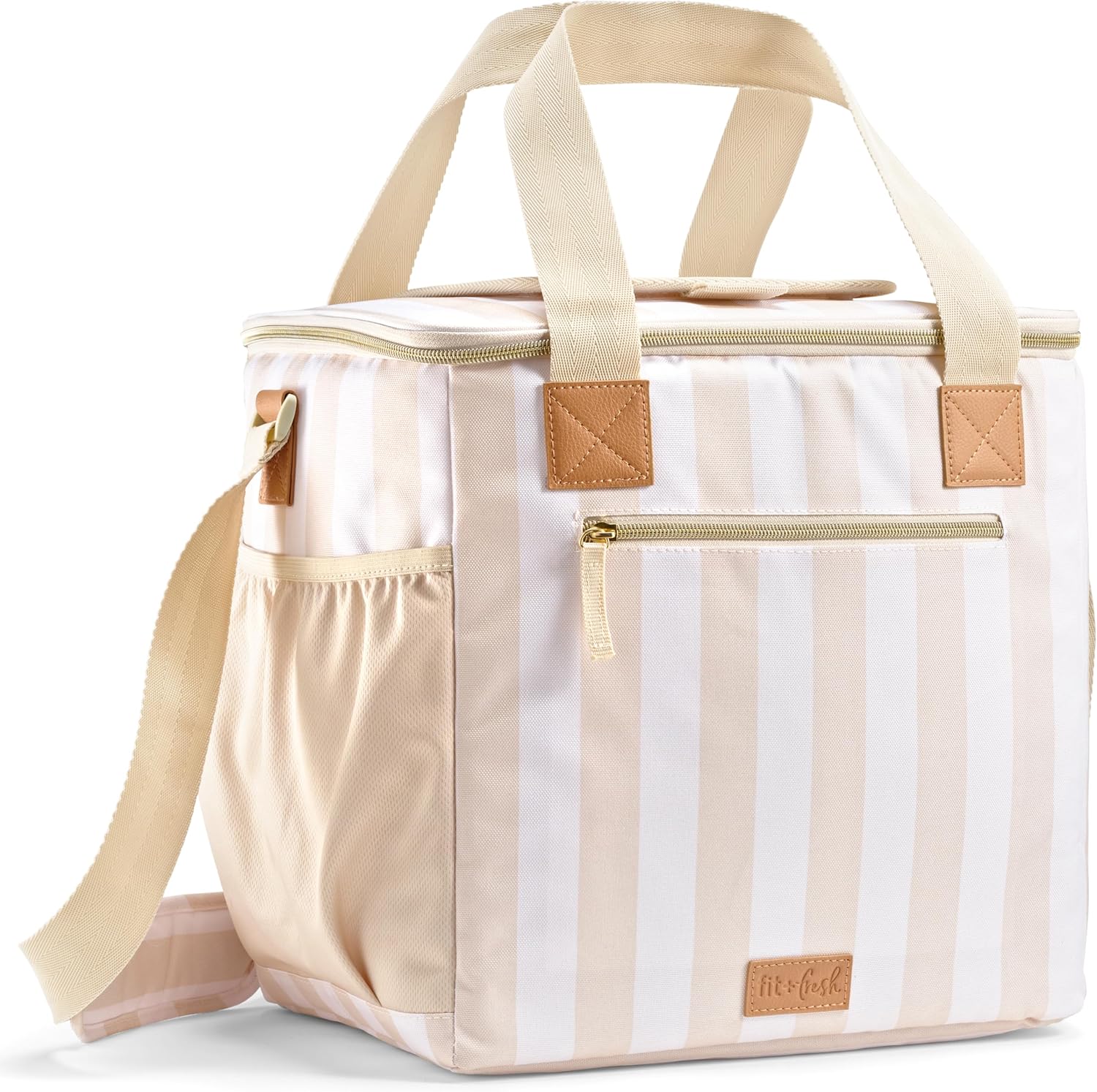 Fit & Fresh Regatta Insulated Soft Cooler Bag, 24-Can Capacity Pina Colada Taupe Ivory Stripe