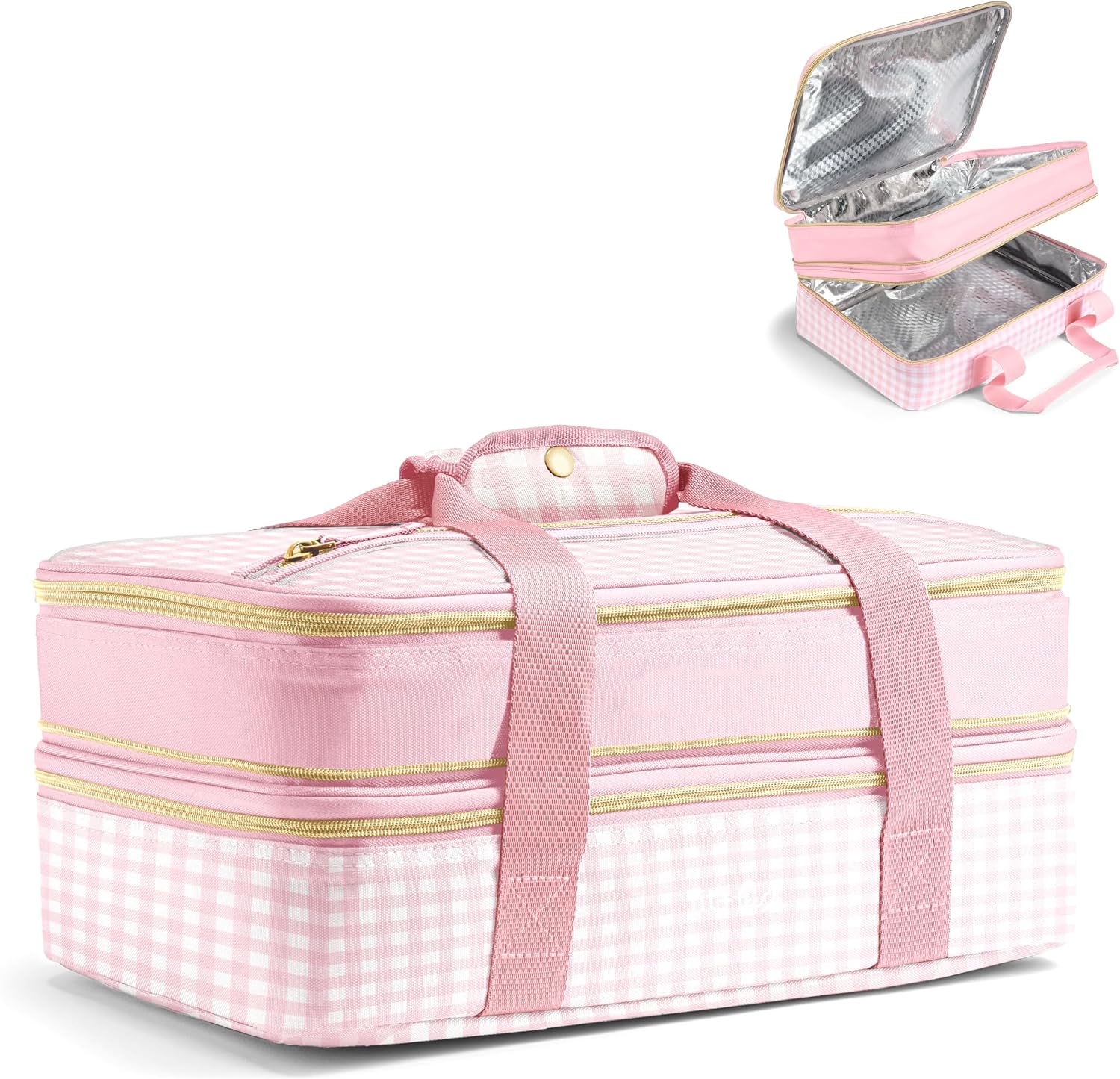 Fit & Fresh Insulated Double Decker Casserole Carrier for Hot & Cold Food Pink Gingham