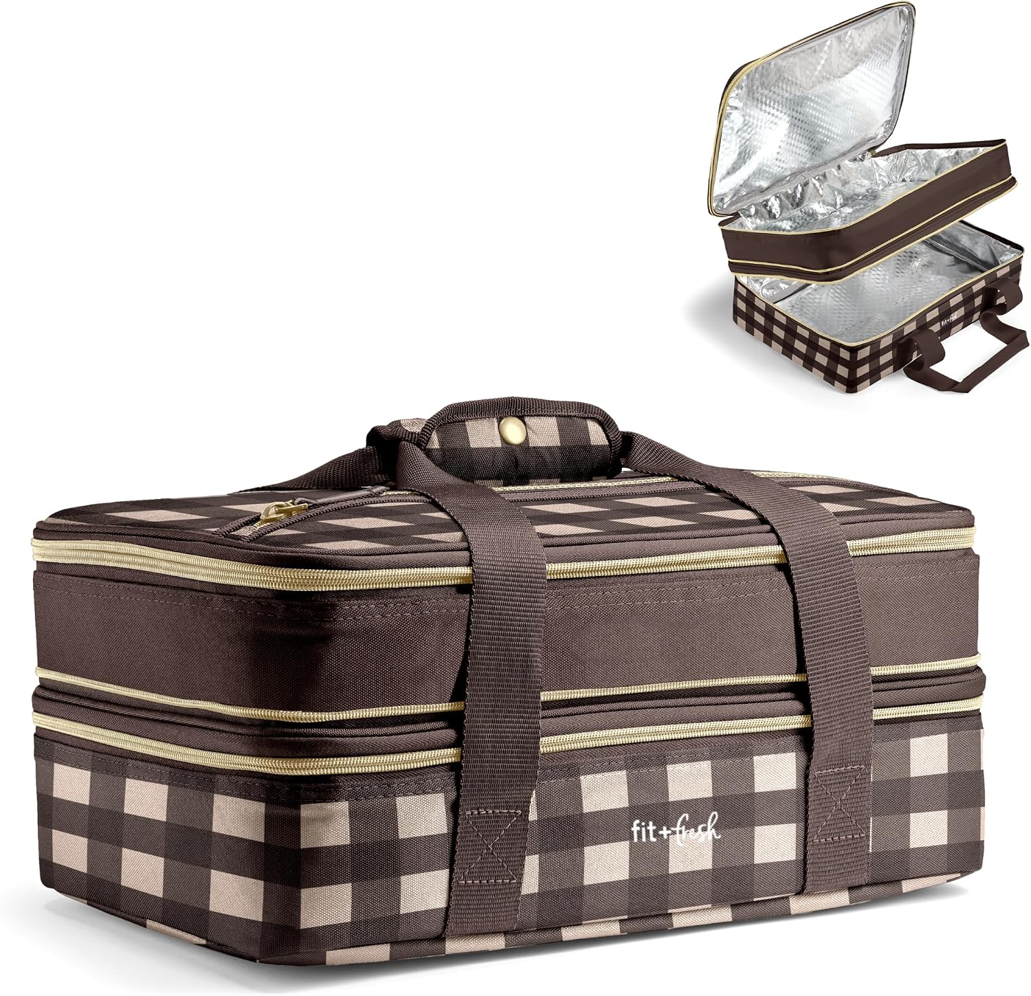 Fit & Fresh Insulated Double Decker Casserole Carrier for Hot & Cold Food Brown Gingham