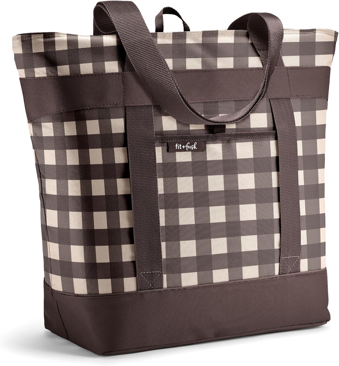 Fit & Fresh XL Insulated Grocery Bag, Collapsible Soft Cooler Tote for Food Brown Gingham