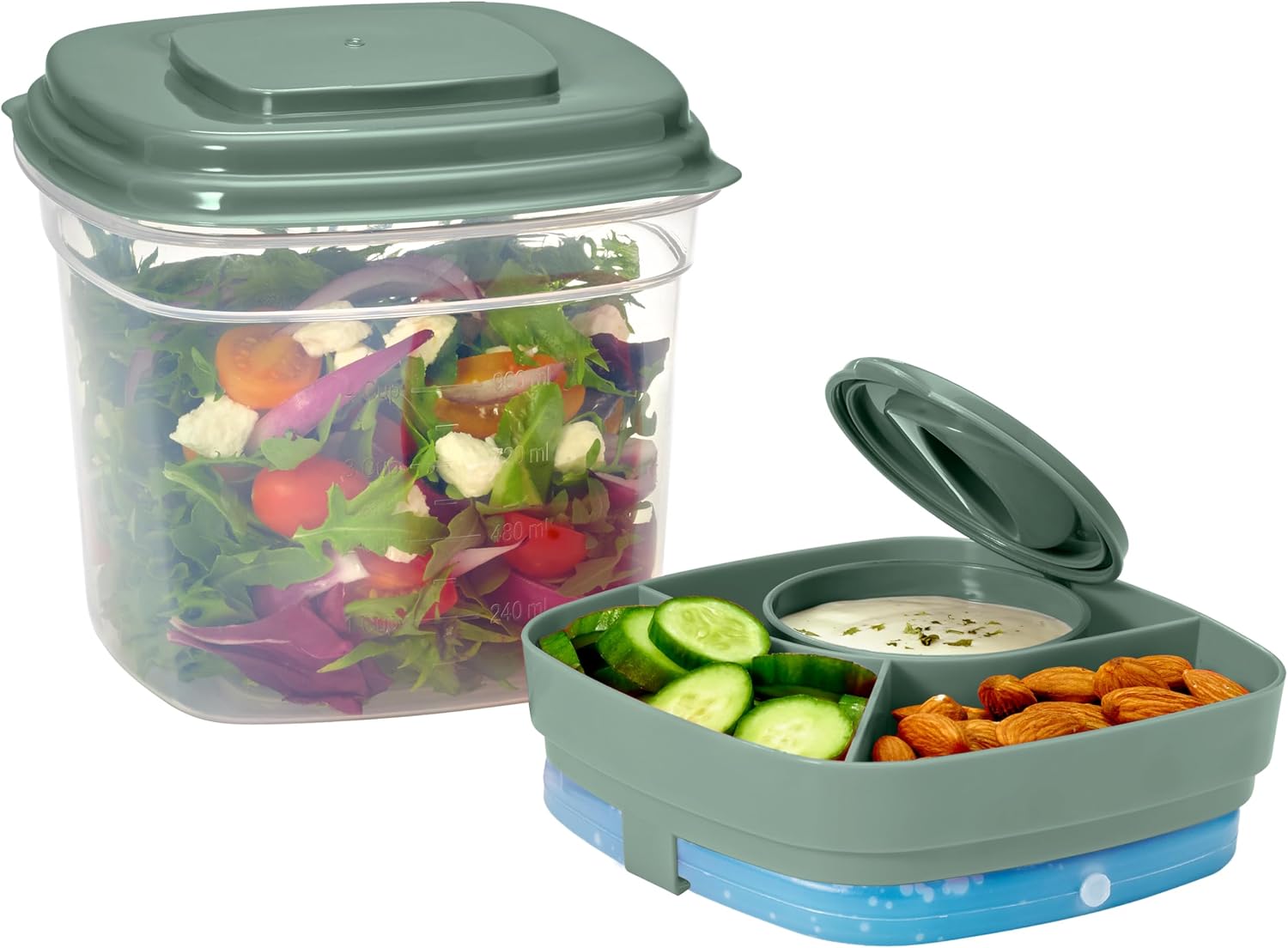 Rachael Ray Salad Container For Lunch, Salad Lunch Container For Adults, Salad Bowl Kit With Compartments For Salad Dressing & Toppings, Includes Ice Pack Deluxe Salad Set, Green