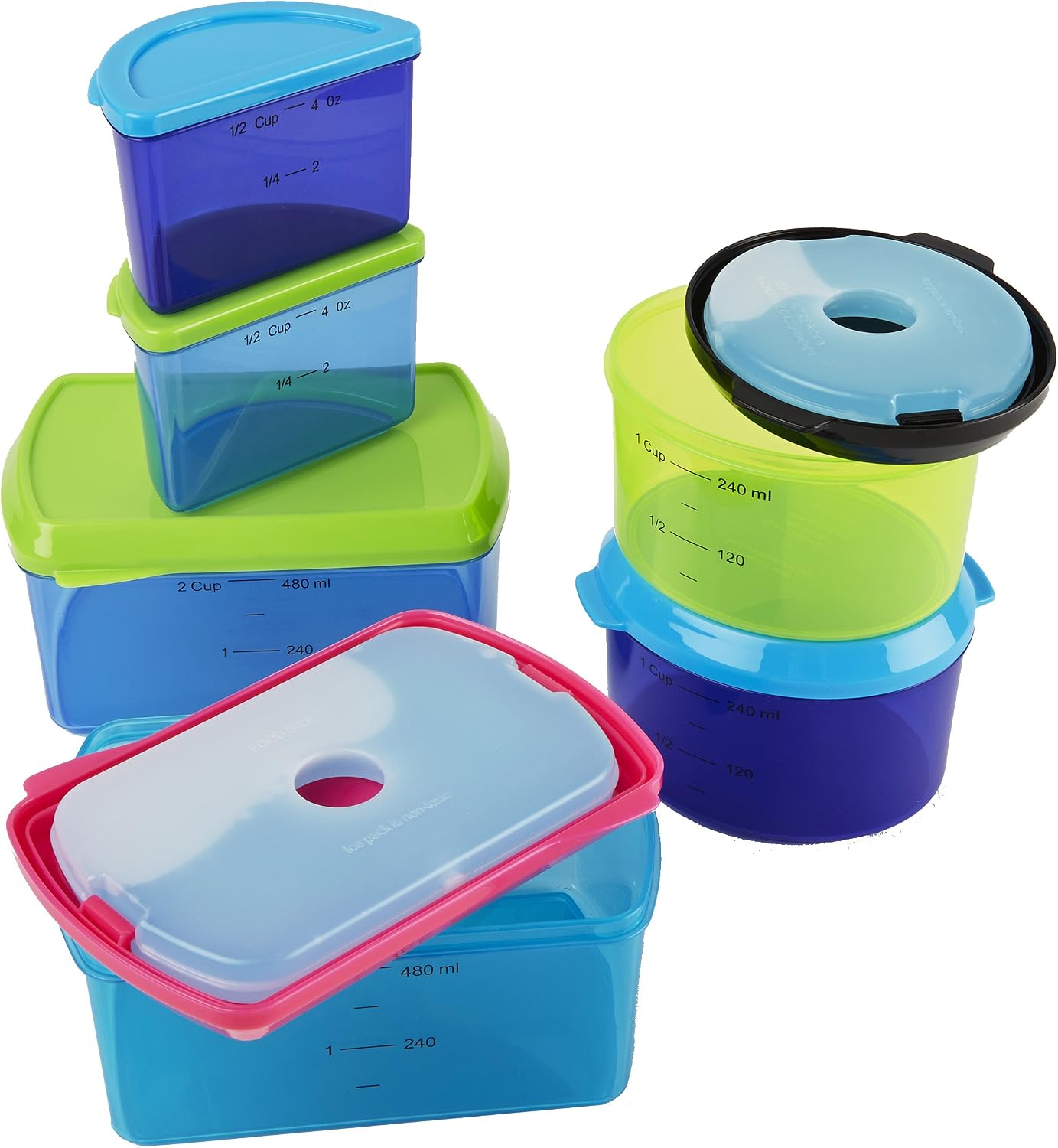 Fit & Fresh Kids' Reusable Lunch Box Container Set with Built-In Ice Packs, 14-Piece Healthy Lunch and Snack Kit, BPA-Free Microwave Safe, Portion Control